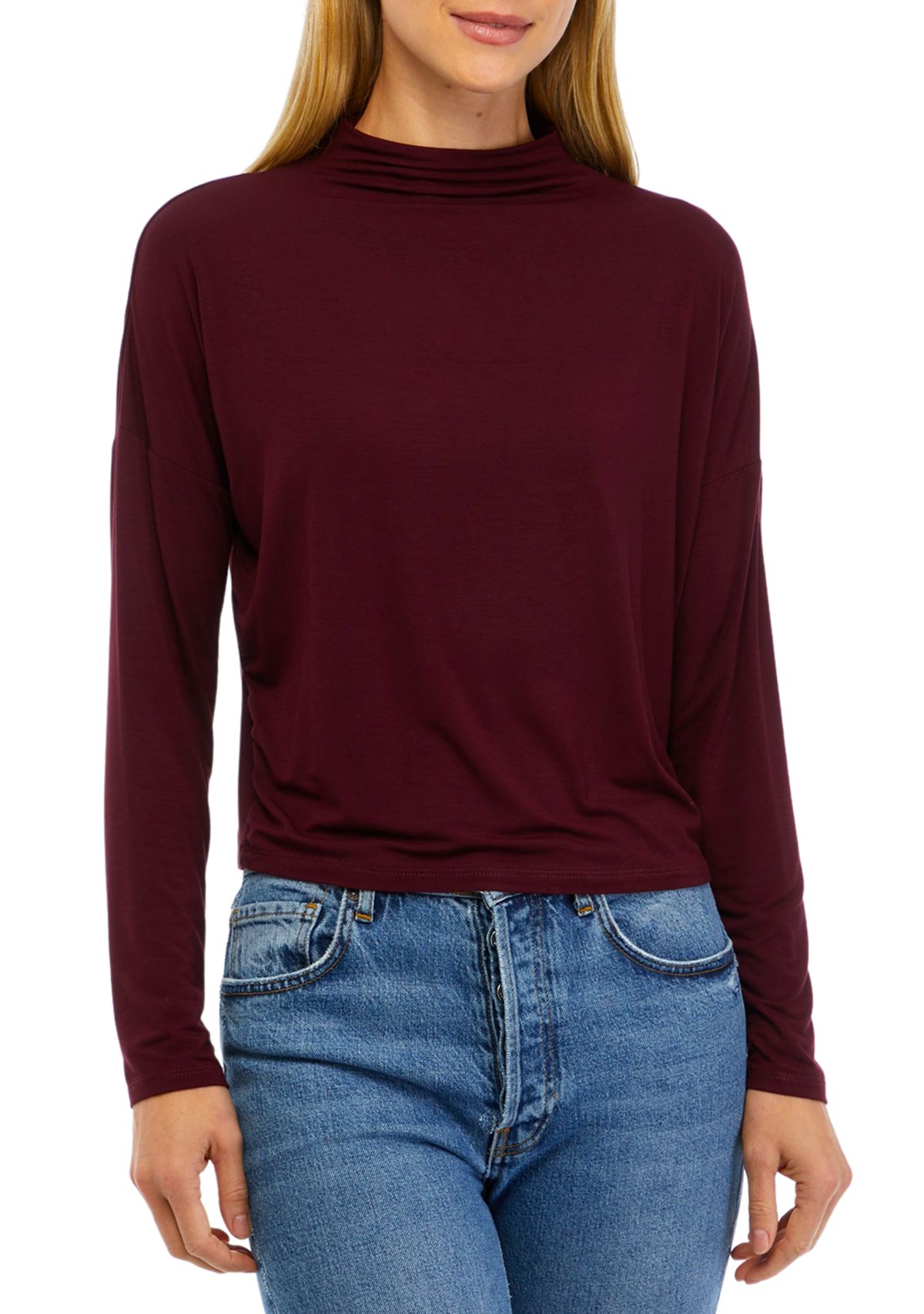 Womens Long Sleeve Mock Neck Cozy Knit T-Shirt