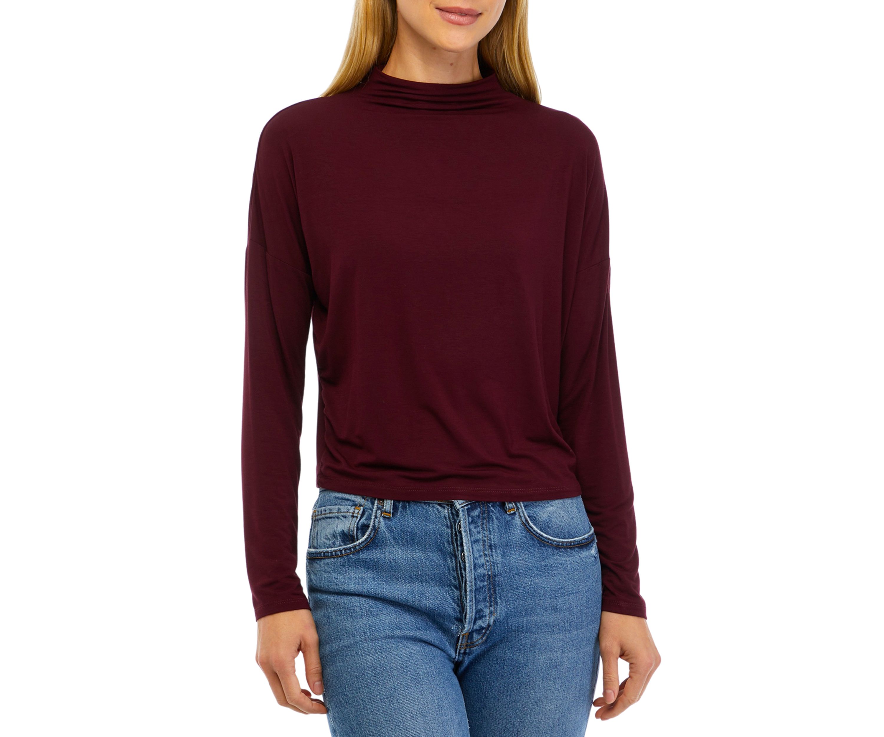 Womens Long Sleeve Mock Neck Cozy Knit T-Shirt