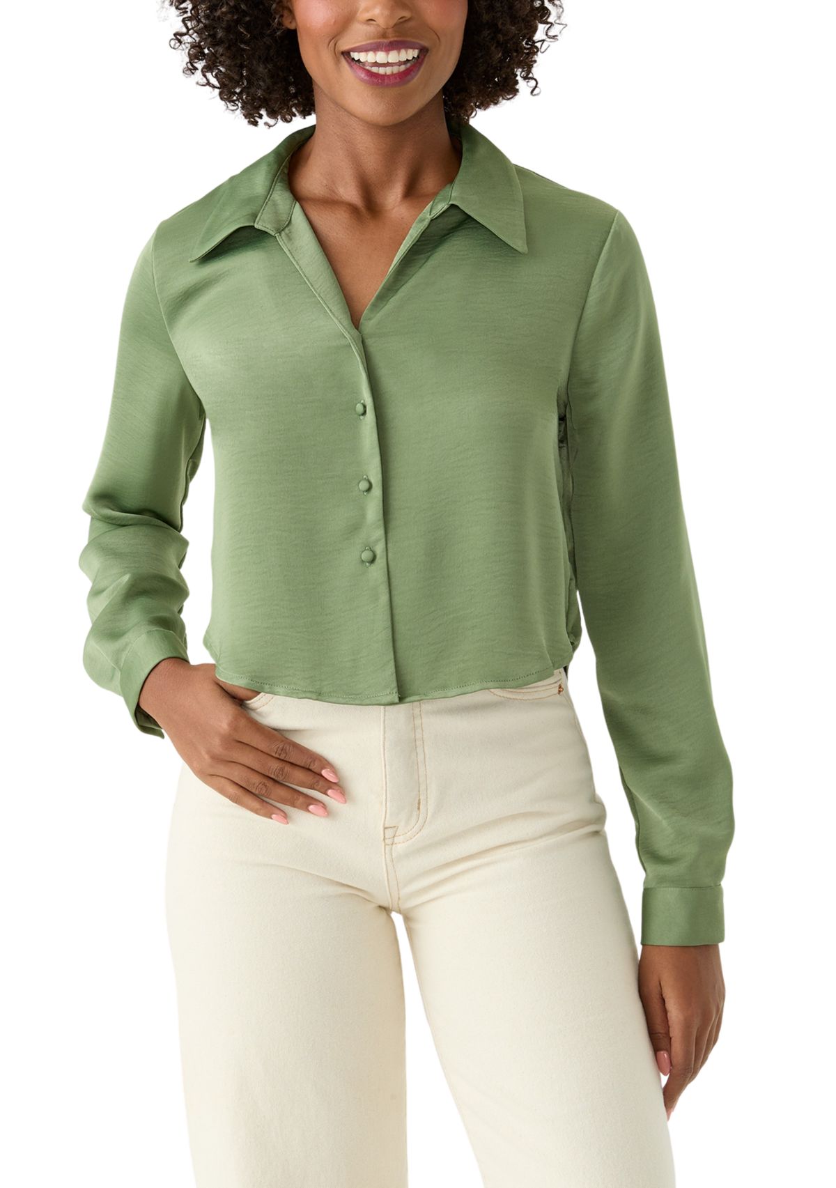 Womens Long Sleeve Satin Effect Cropped Collared Shirt