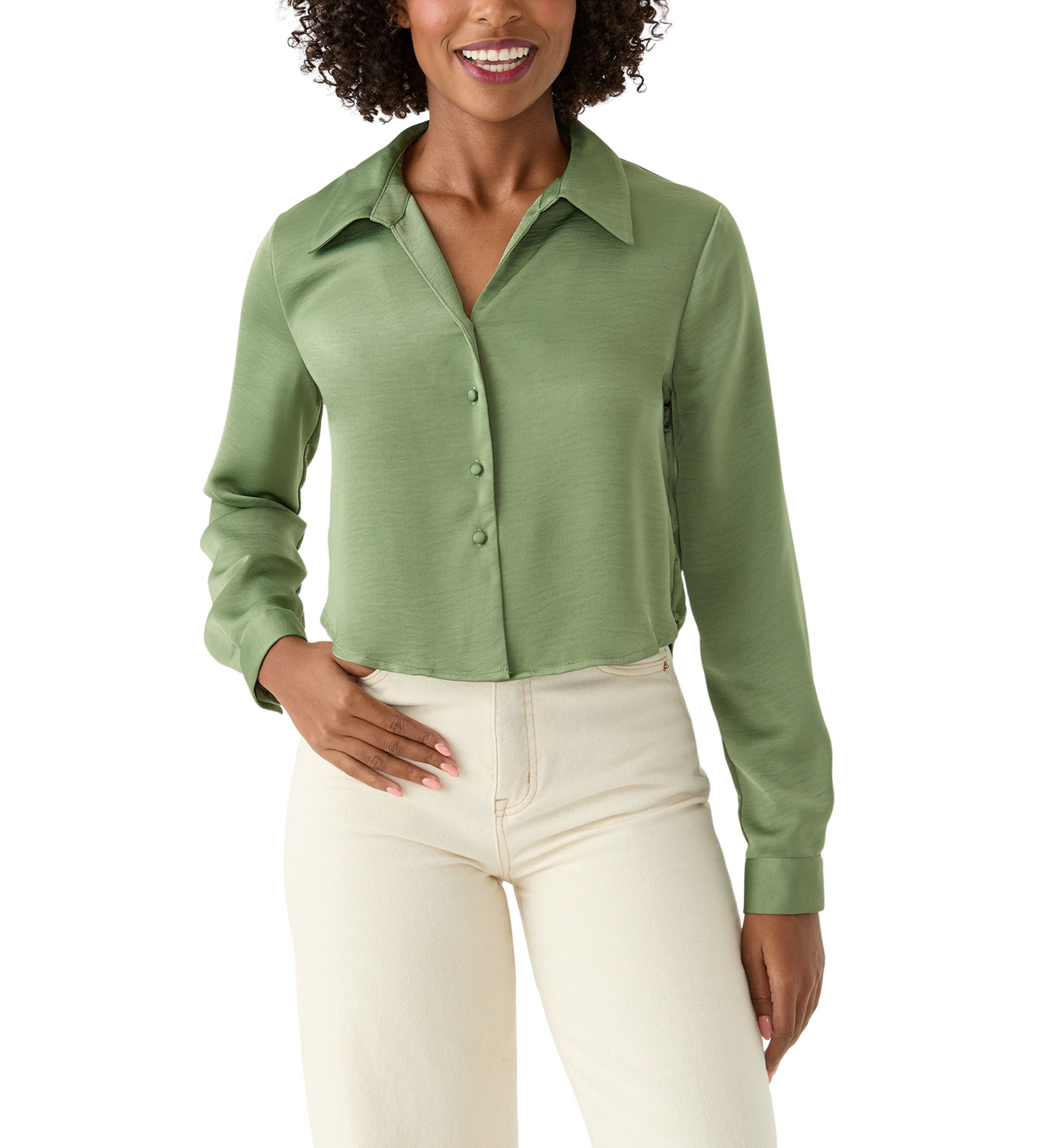 Womens Long Sleeve Satin Effect Cropped Collared Shirt