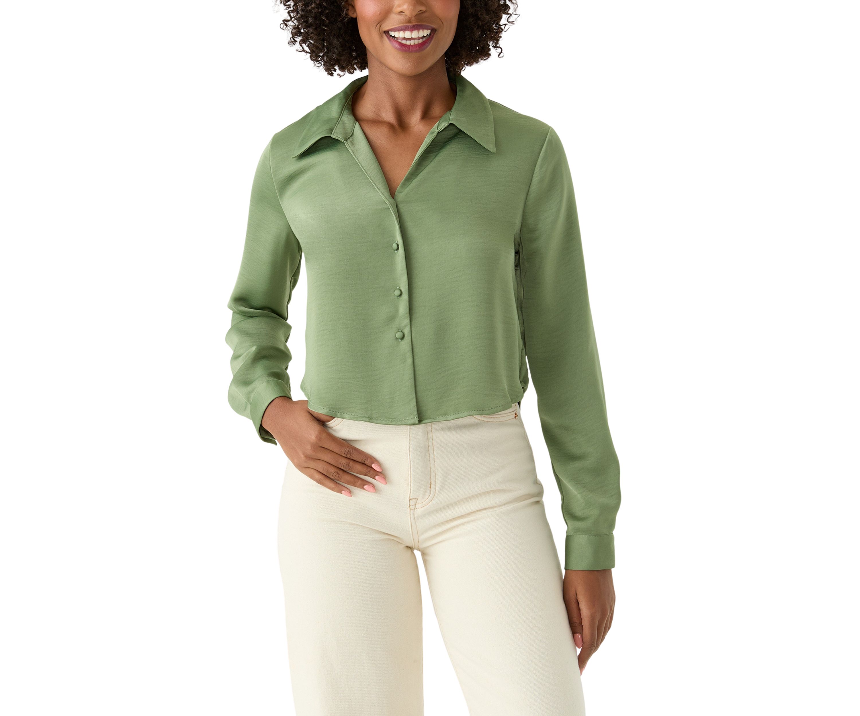 Womens Long Sleeve Satin Effect Cropped Collared Shirt