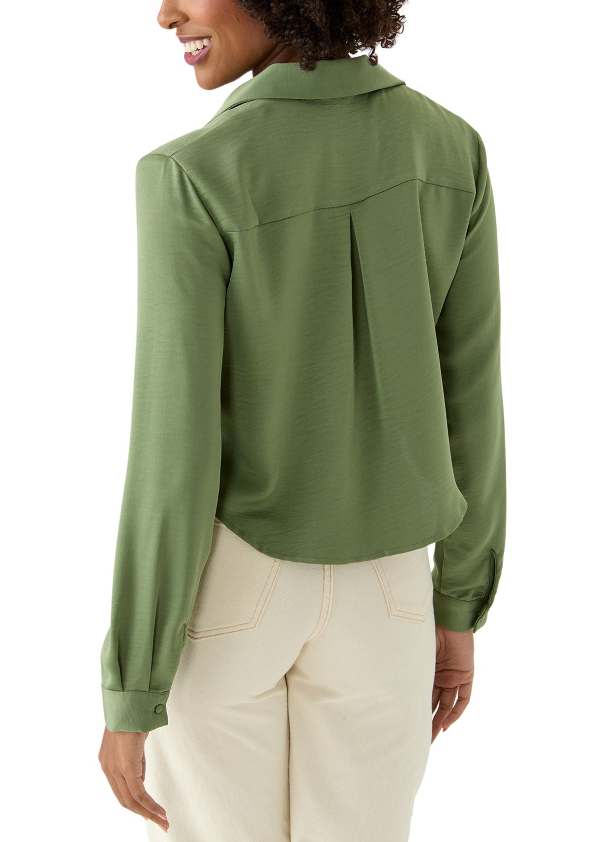 Womens Long Sleeve Satin Effect Cropped Collared Shirt