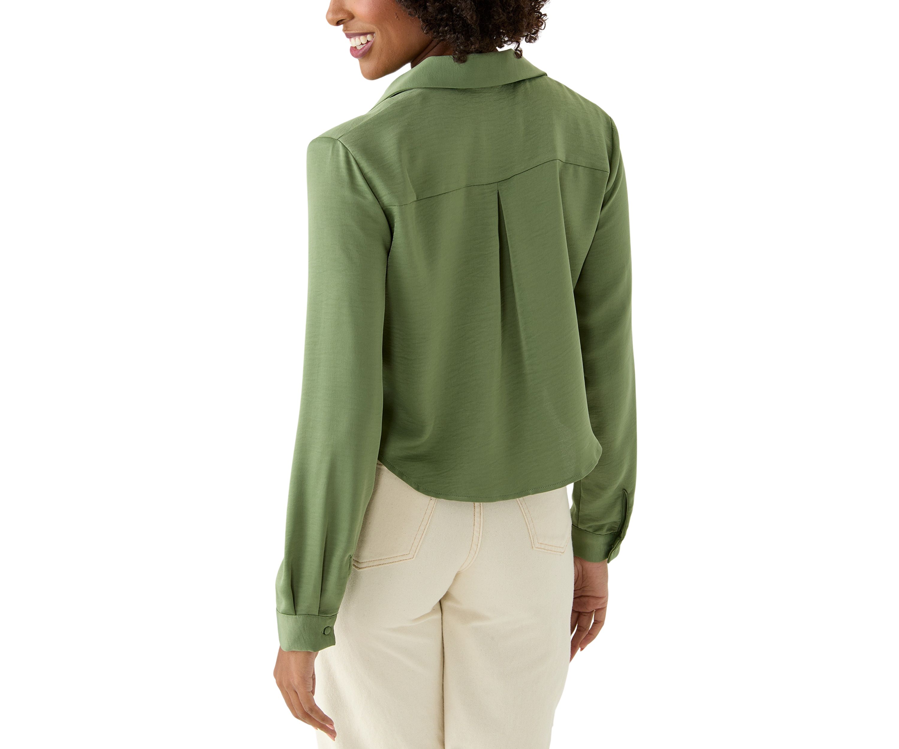 Womens Long Sleeve Satin Effect Cropped Collared Shirt