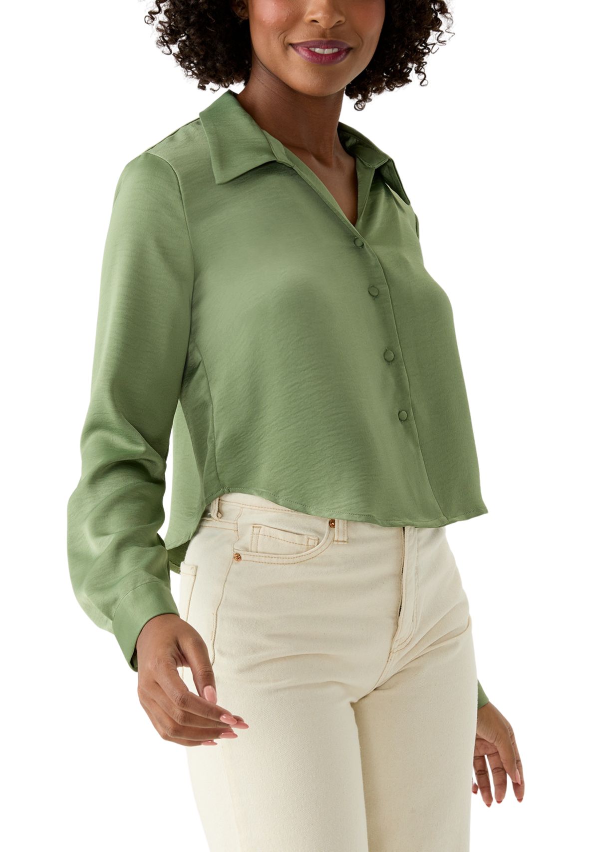 Womens Long Sleeve Satin Effect Cropped Collared Shirt