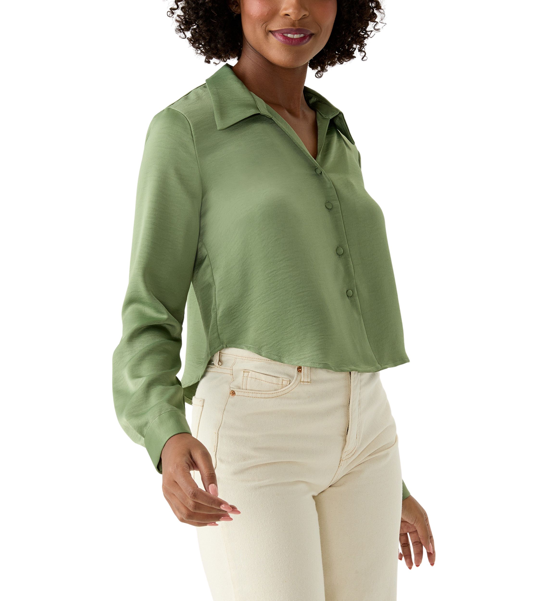 Womens Long Sleeve Satin Effect Cropped Collared Shirt