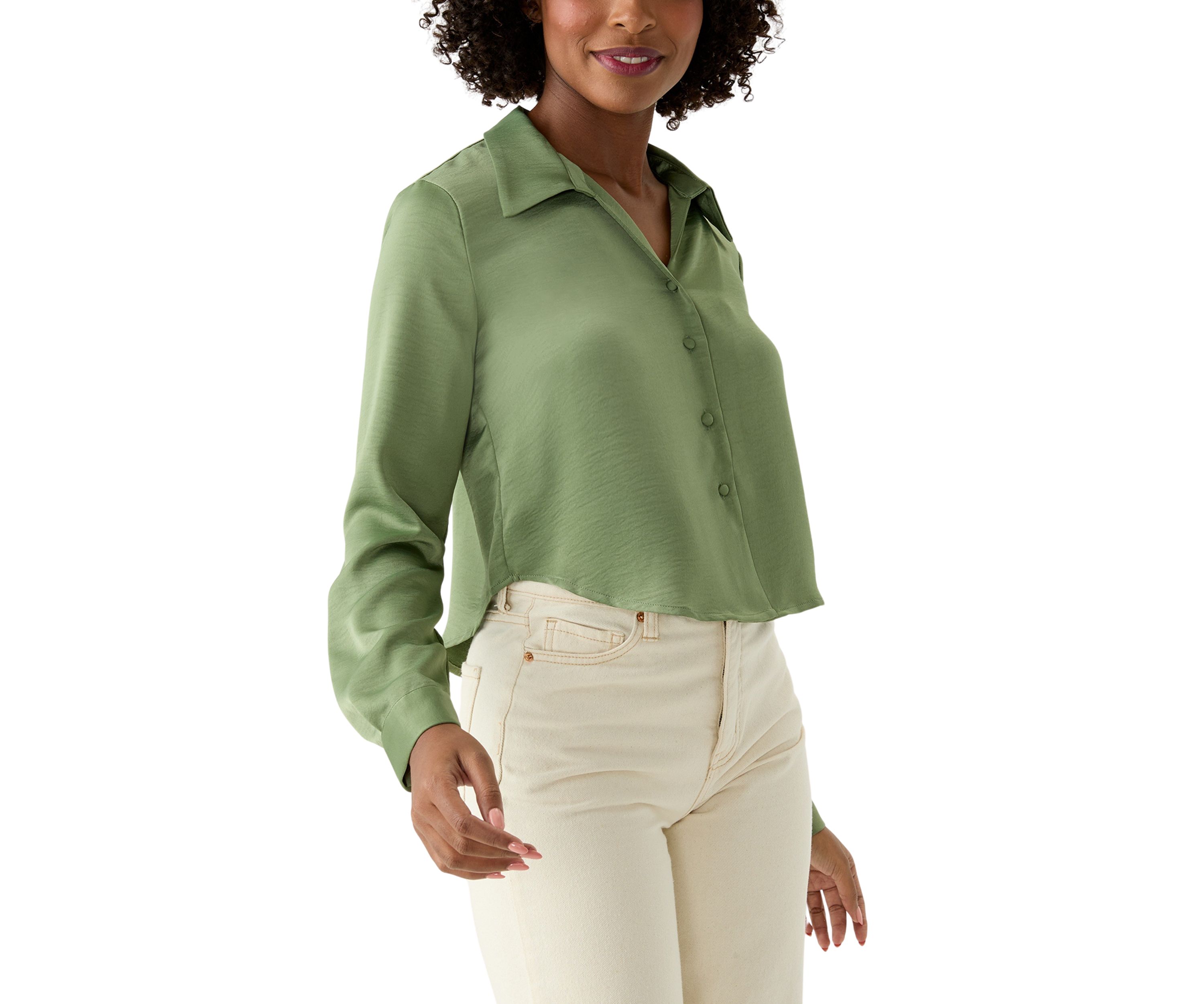 Womens Long Sleeve Satin Effect Cropped Collared Shirt