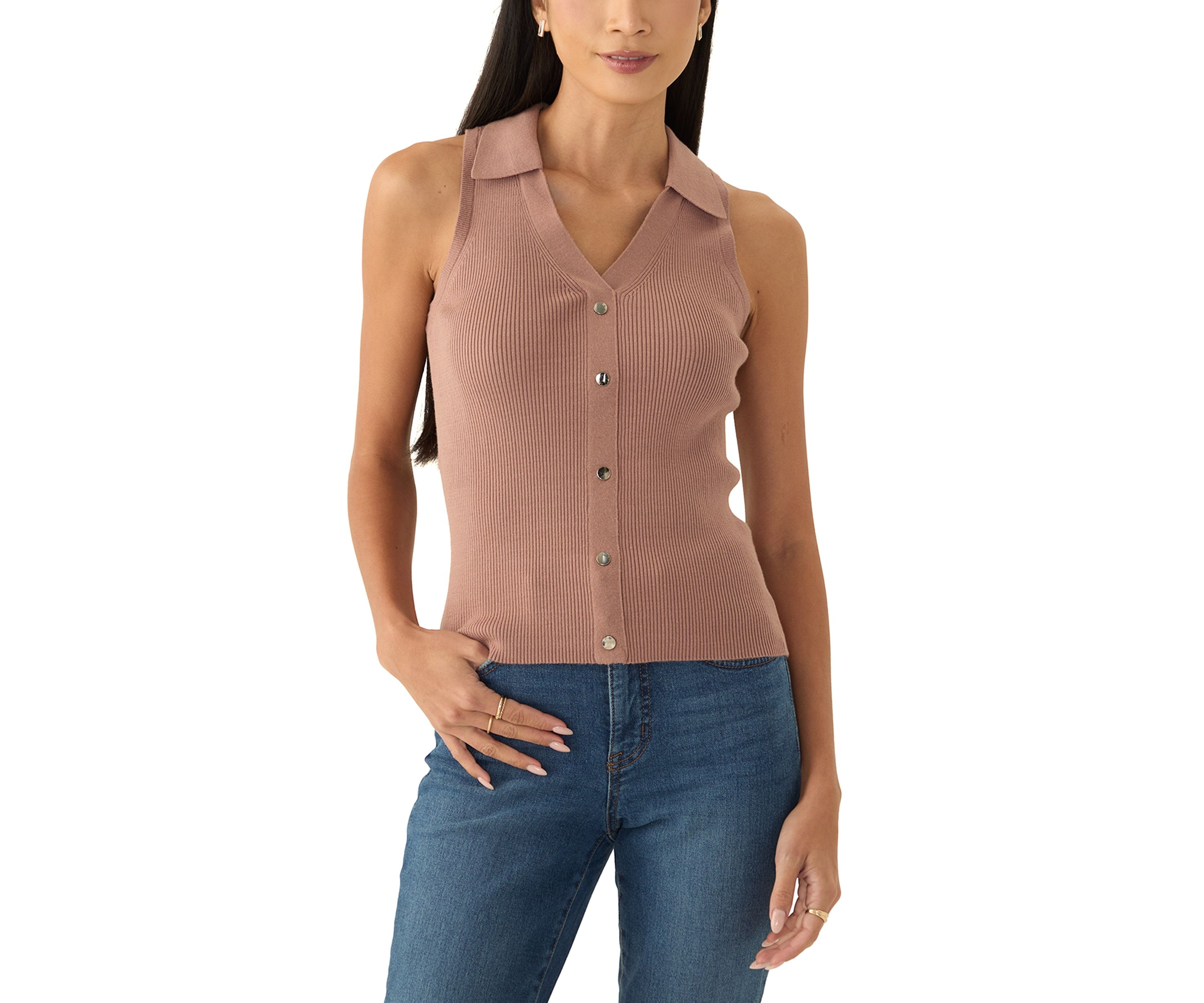 Petite Viscose Blend Sleeveless Collar Rib Tank with Center Front Nonfunctional Placket and Silver Metal Snaps 