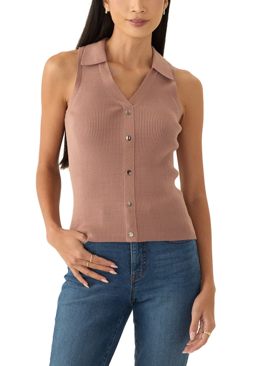 Petite Viscose Blend Sleeveless Collar Rib Tank with Center Front Nonfunctional Placket and Silver Metal Snaps 