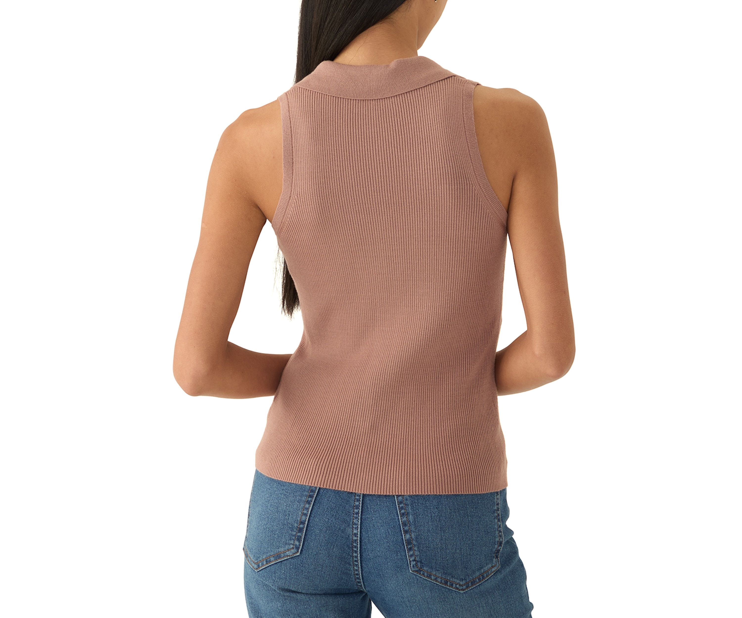 Petite Viscose Blend Sleeveless Collar Rib Tank with Center Front Nonfunctional Placket and Silver Metal Snaps 