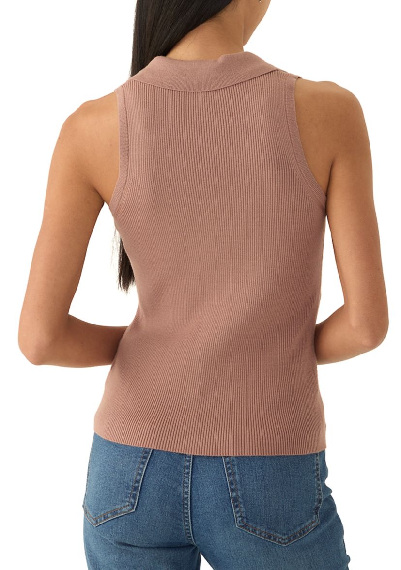 Petite Viscose Blend Sleeveless Collar Rib Tank with Center Front Nonfunctional Placket and Silver Metal Snaps 