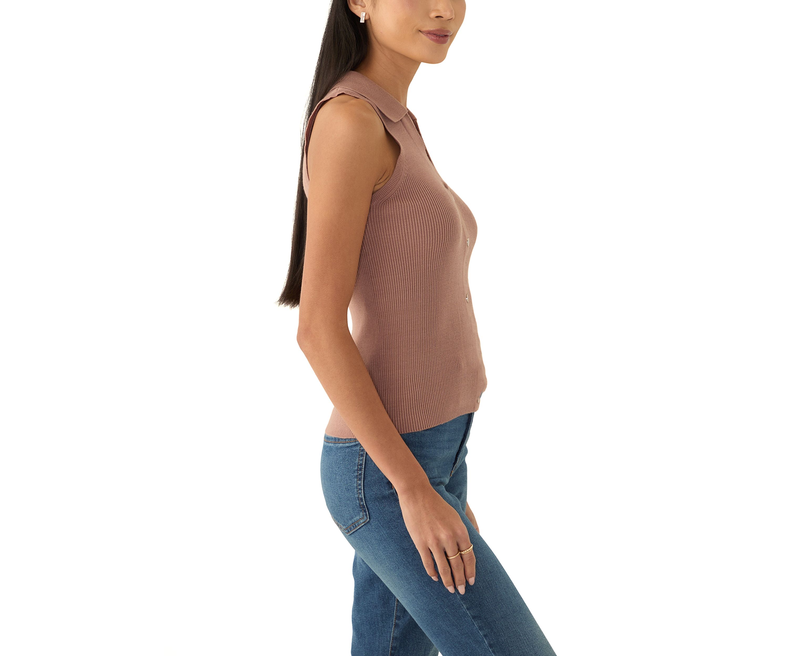 Petite Viscose Blend Sleeveless Collar Rib Tank with Center Front Nonfunctional Placket and Silver Metal Snaps 