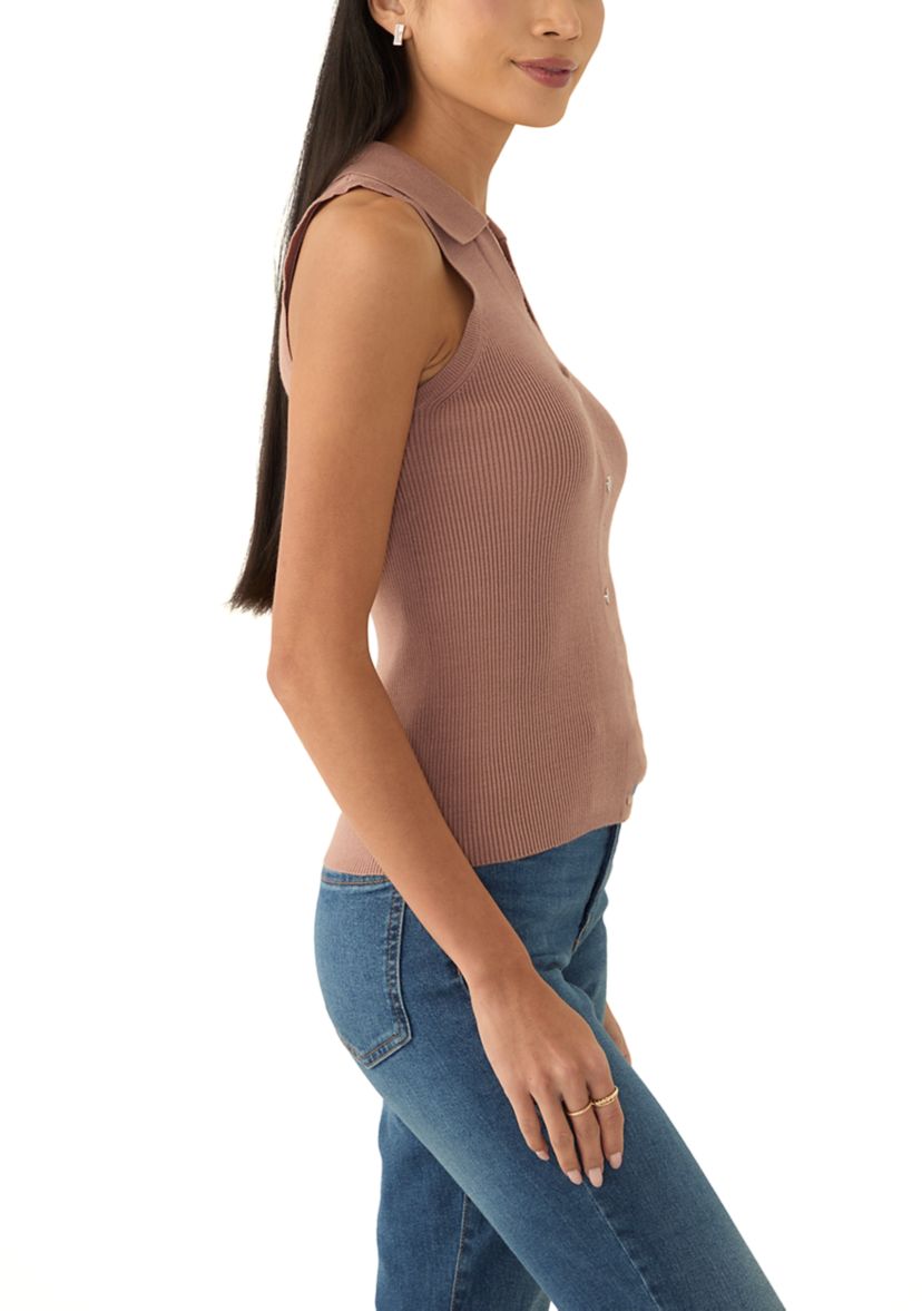 Petite Viscose Blend Sleeveless Collar Rib Tank with Center Front Nonfunctional Placket and Silver Metal Snaps 