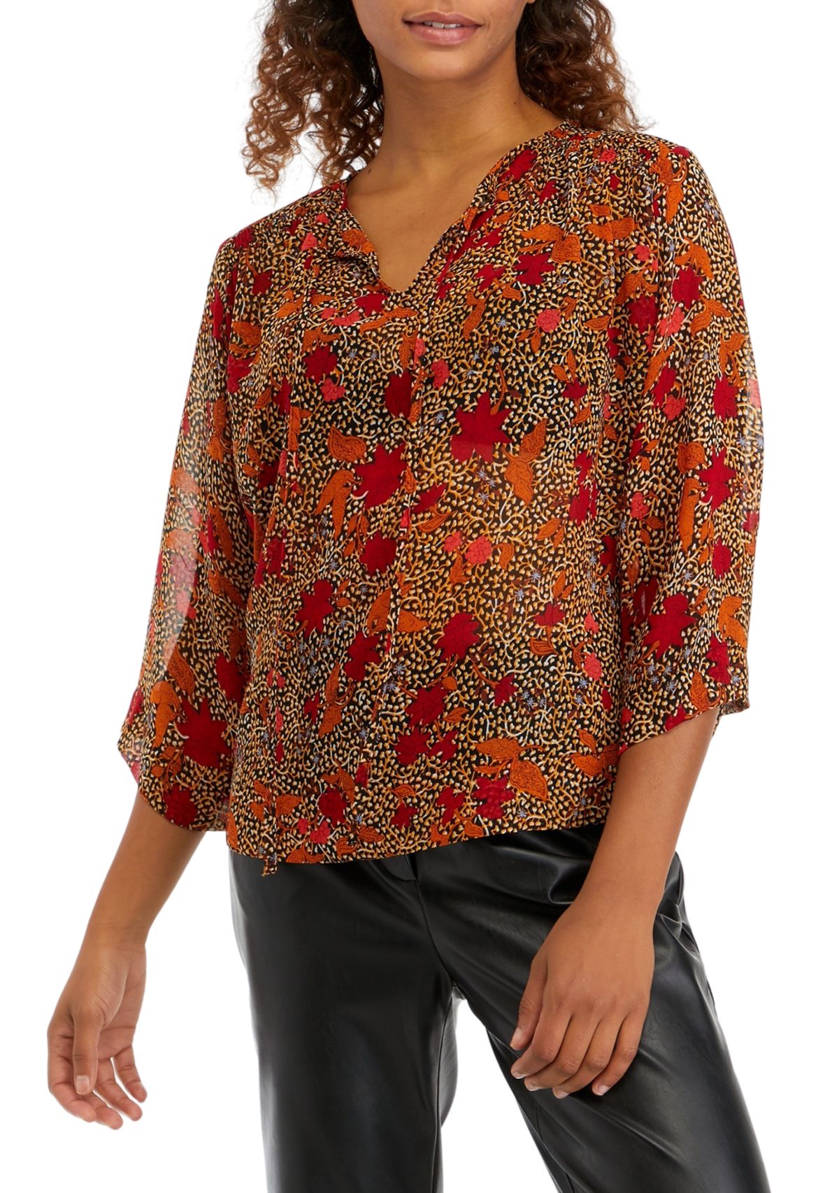 Womens 3/4 Flare Sleeve Woven Printed Blouse