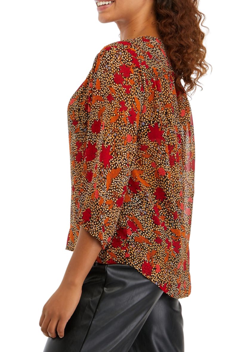 Womens 3/4 Flare Sleeve Woven Printed Blouse
