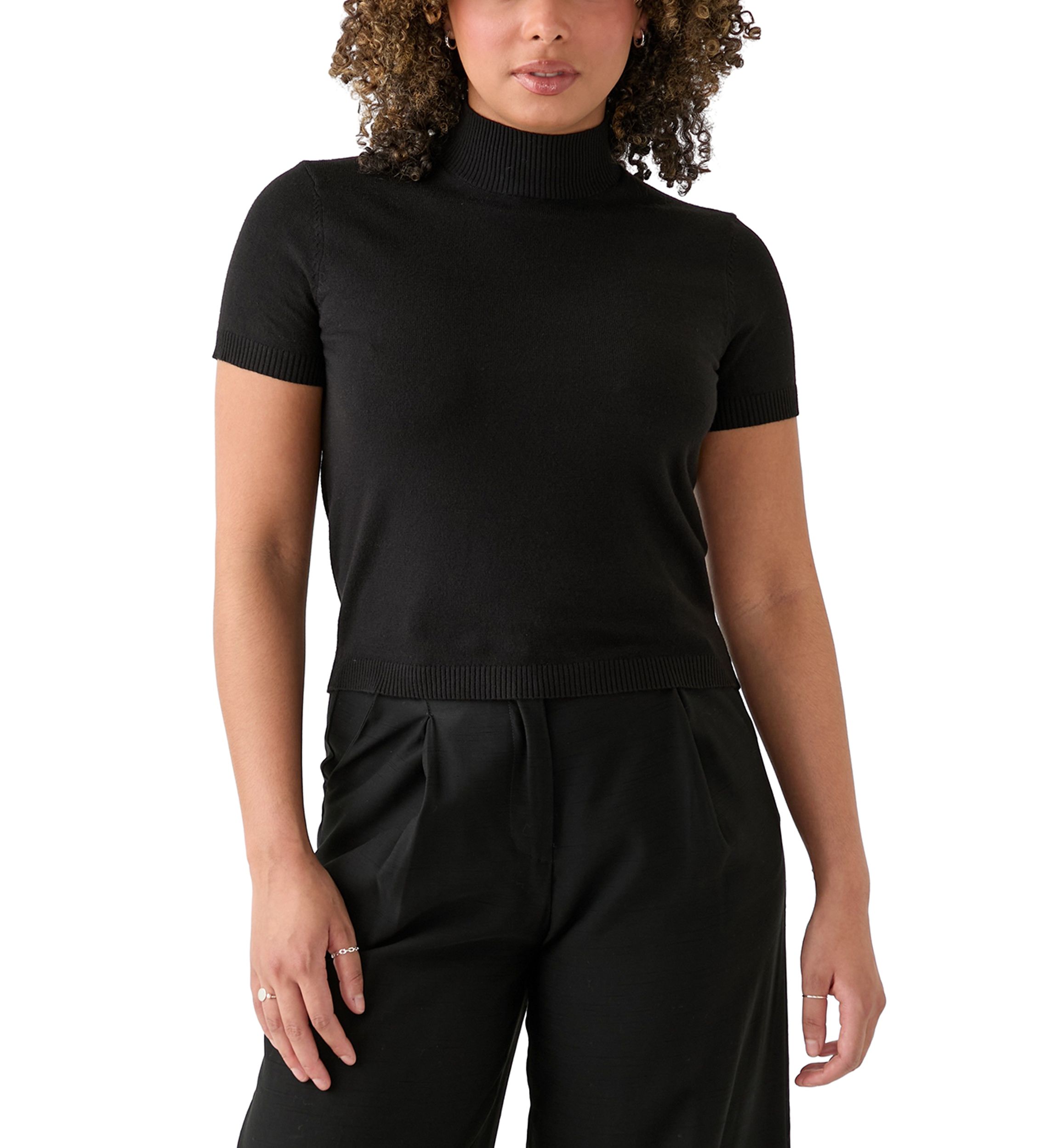 Womens Mock Neck Short Sleeve Cropped Pullover Sweater