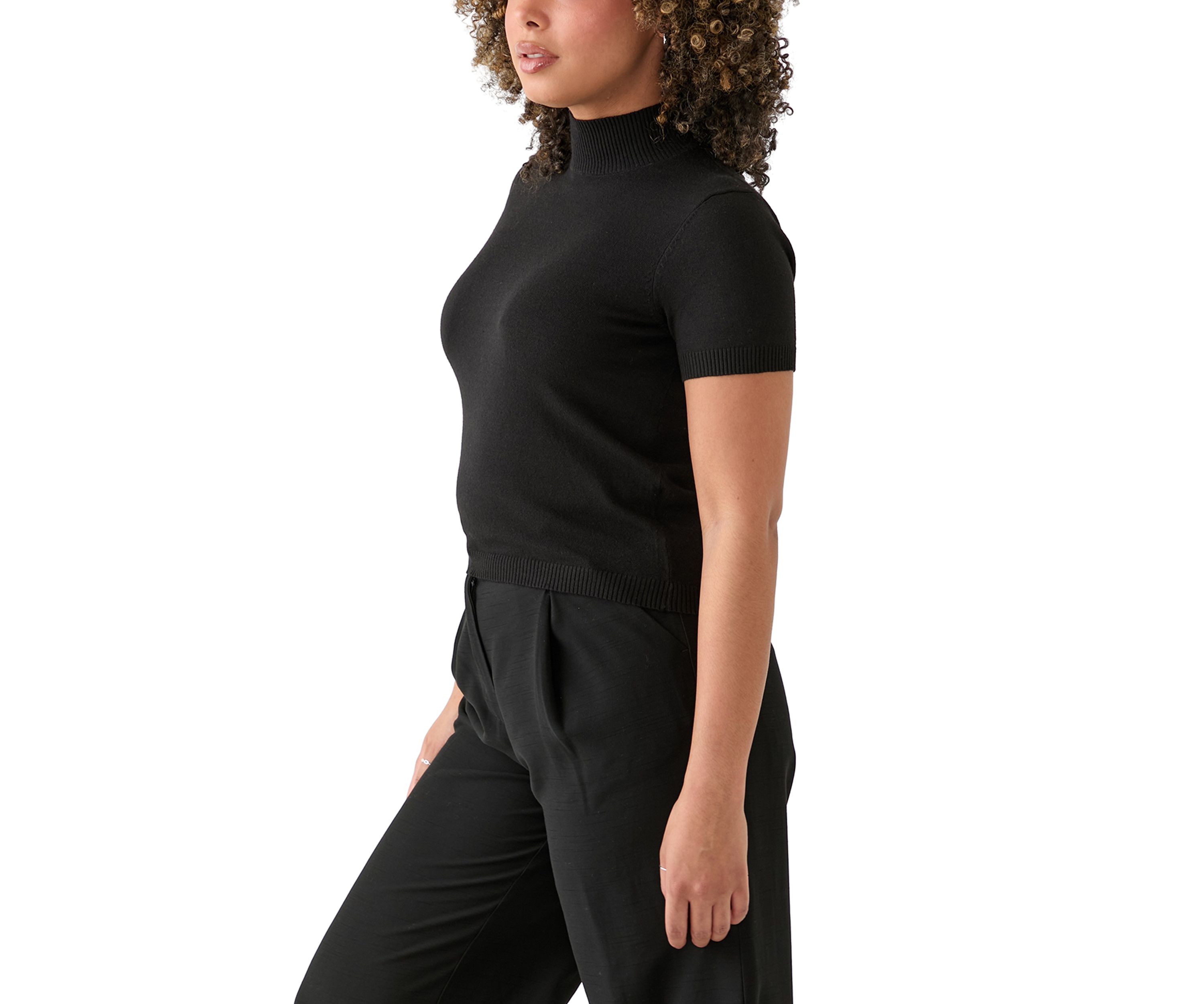 Womens Mock Neck Short Sleeve Cropped Pullover Sweater