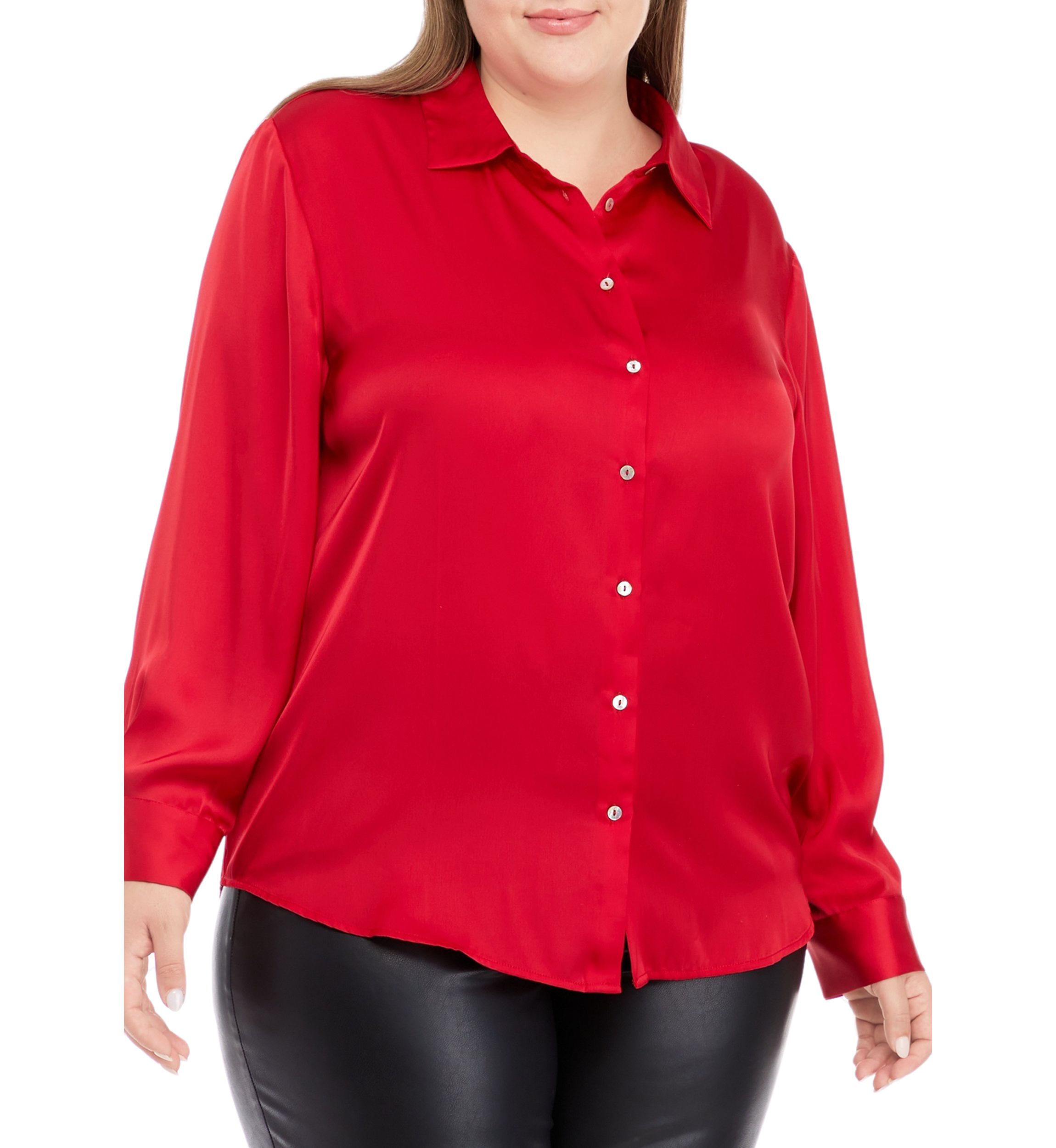 Plus Size Long Sleeve Satin Button Down Shirt