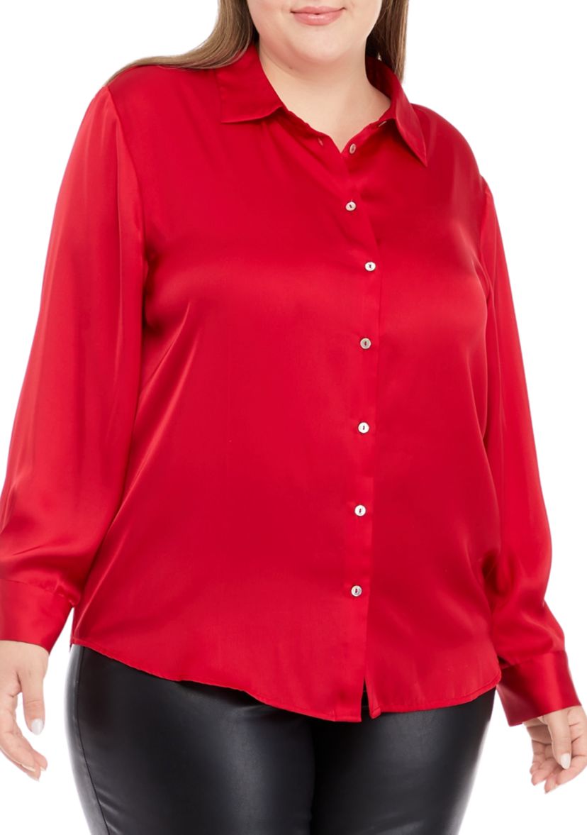 Plus Size Long Sleeve Satin Button Down Shirt
