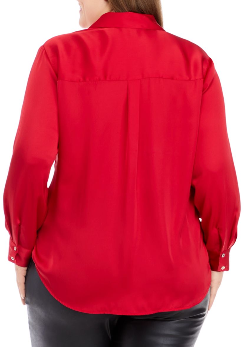Plus Size Long Sleeve Satin Button Down Shirt