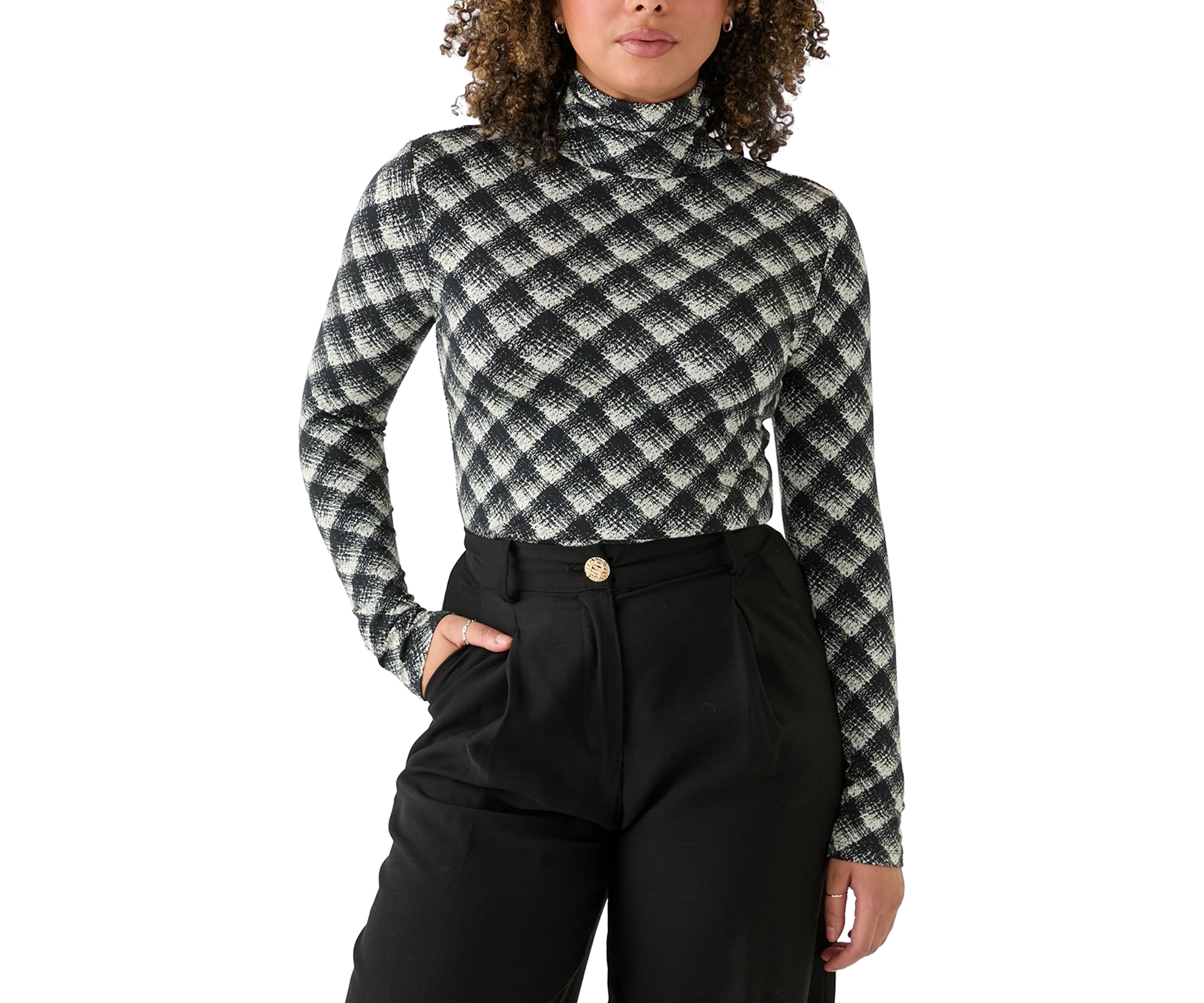 Womens Long Sleeve Turtleneck Printed Knit Top