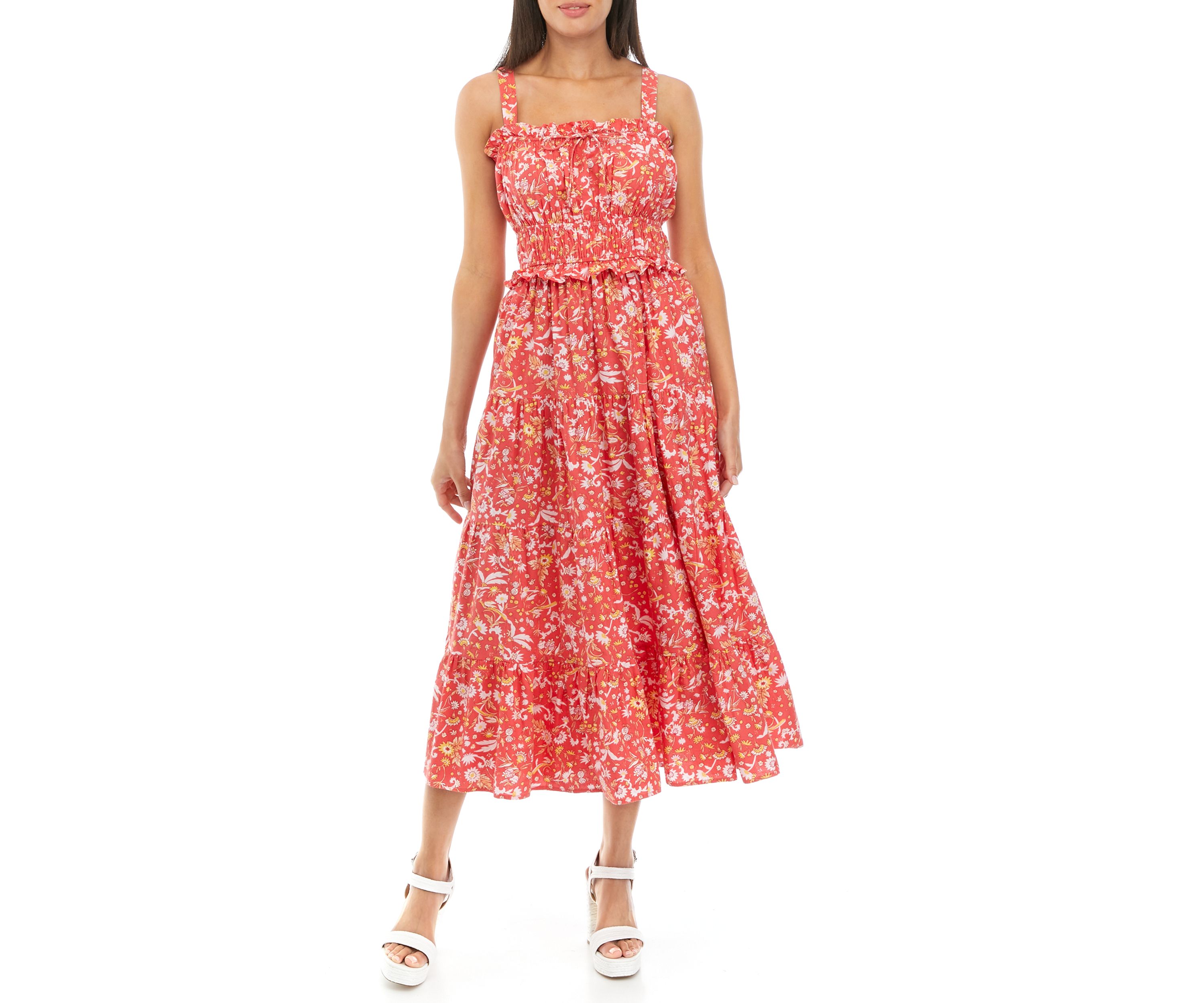   Womens Sleeveless Square Neck Ruffle Trim Printed Tiered Dress 