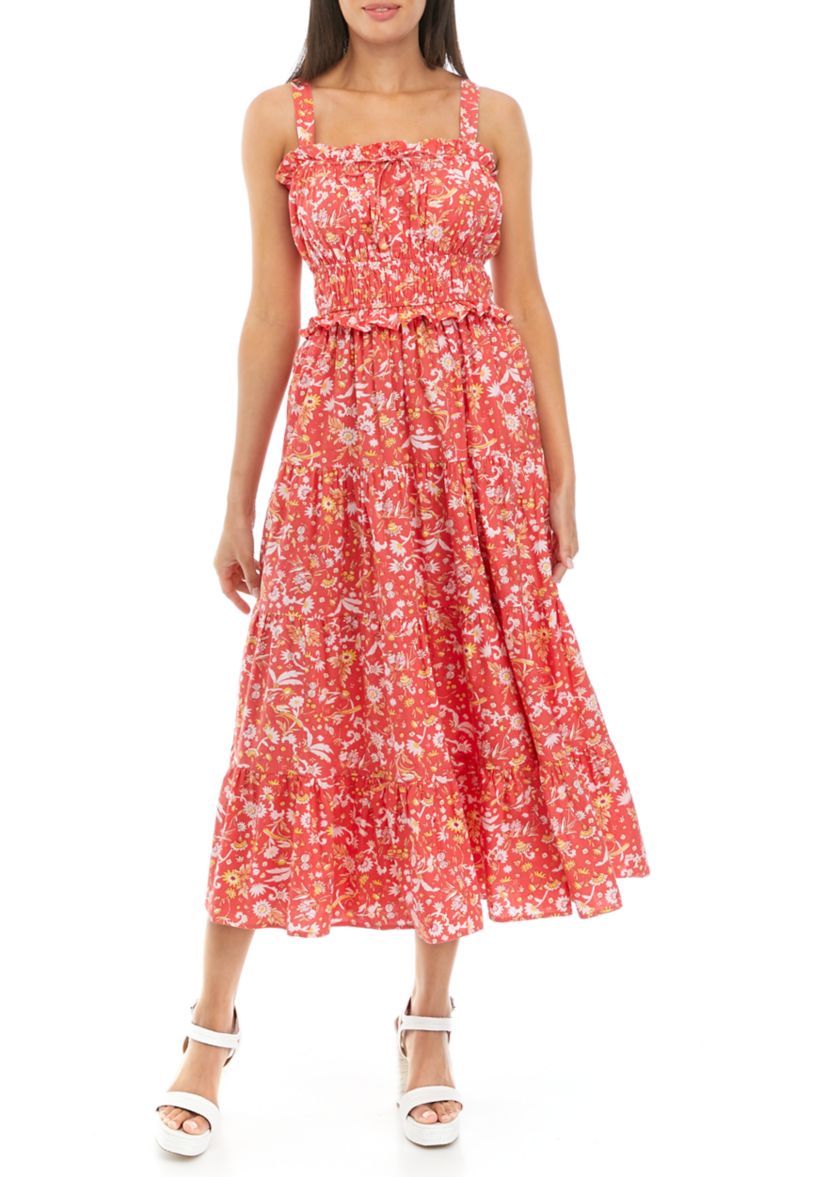   Womens Sleeveless Square Neck Ruffle Trim Printed Tiered Dress 