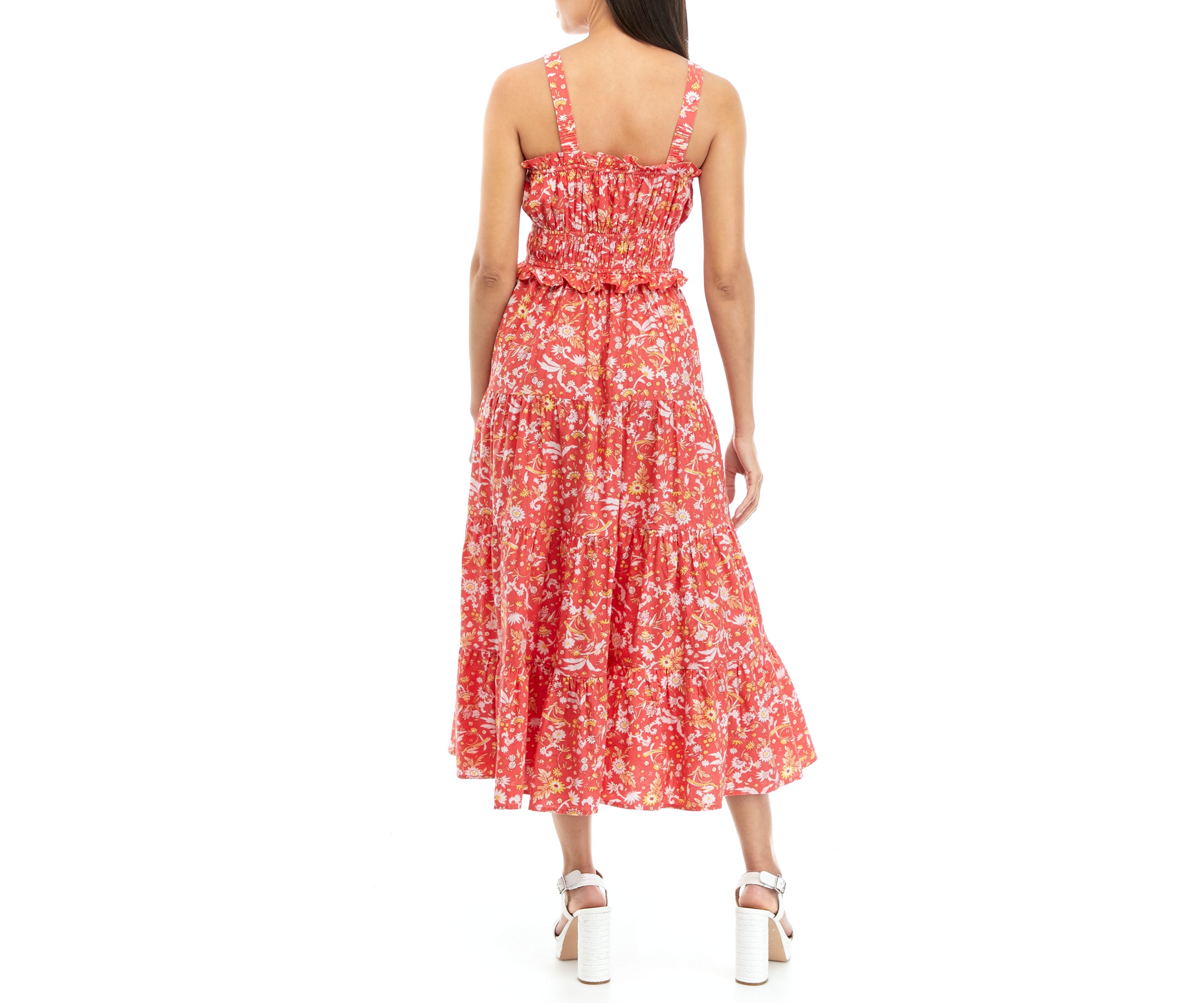   Womens Sleeveless Square Neck Ruffle Trim Printed Tiered Dress 
