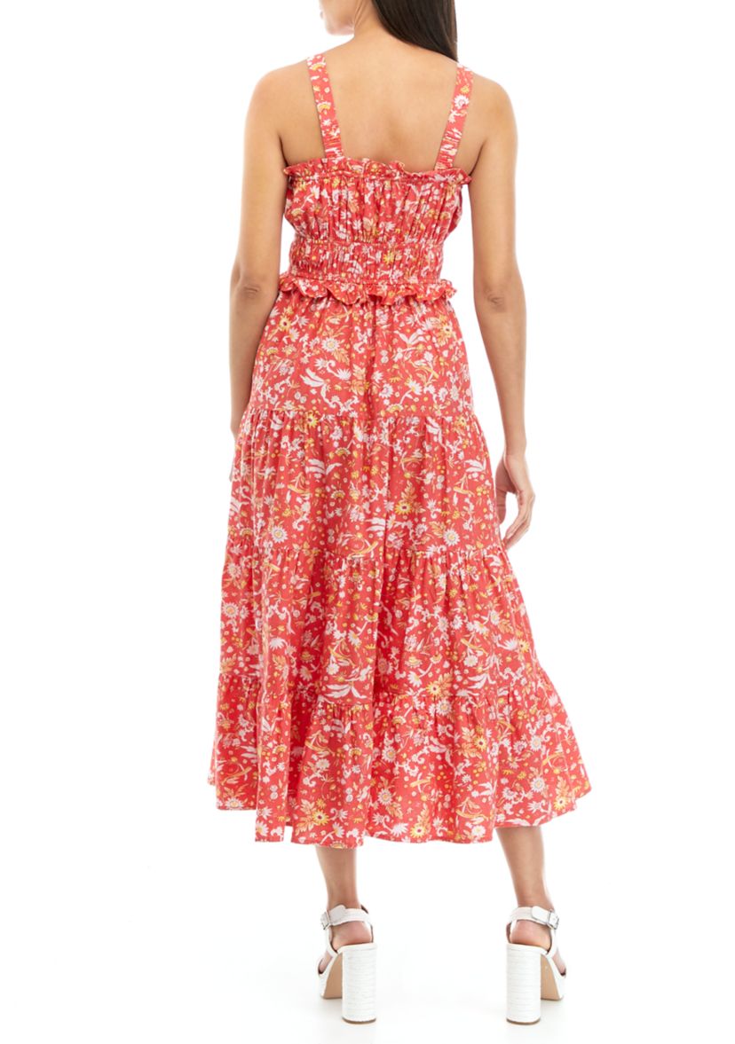   Womens Sleeveless Square Neck Ruffle Trim Printed Tiered Dress 