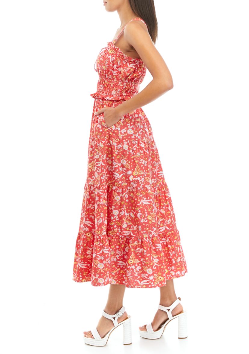   Womens Sleeveless Square Neck Ruffle Trim Printed Tiered Dress 
