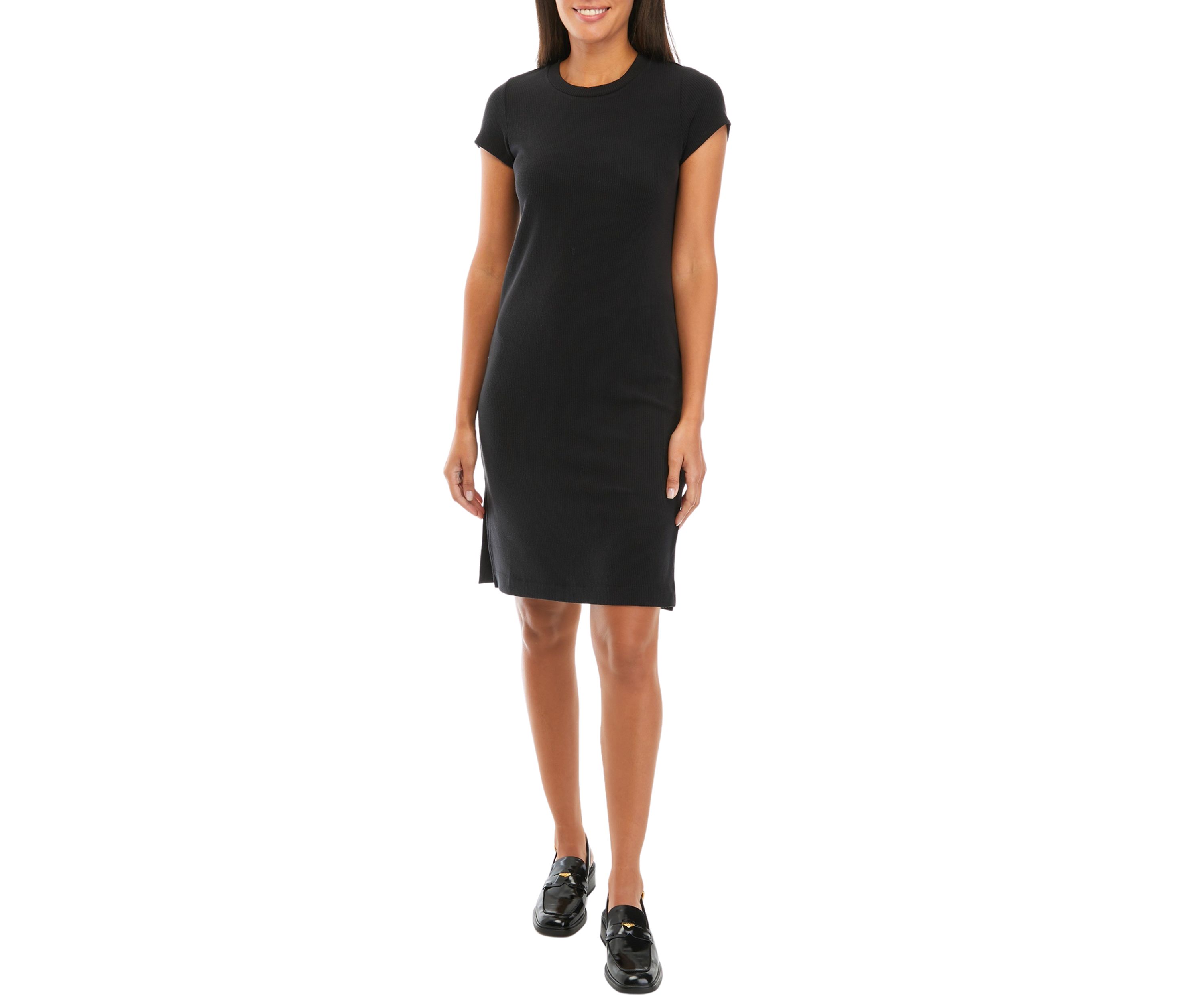 Womens Short Sleeve Side Slit A-Line Knit Dress