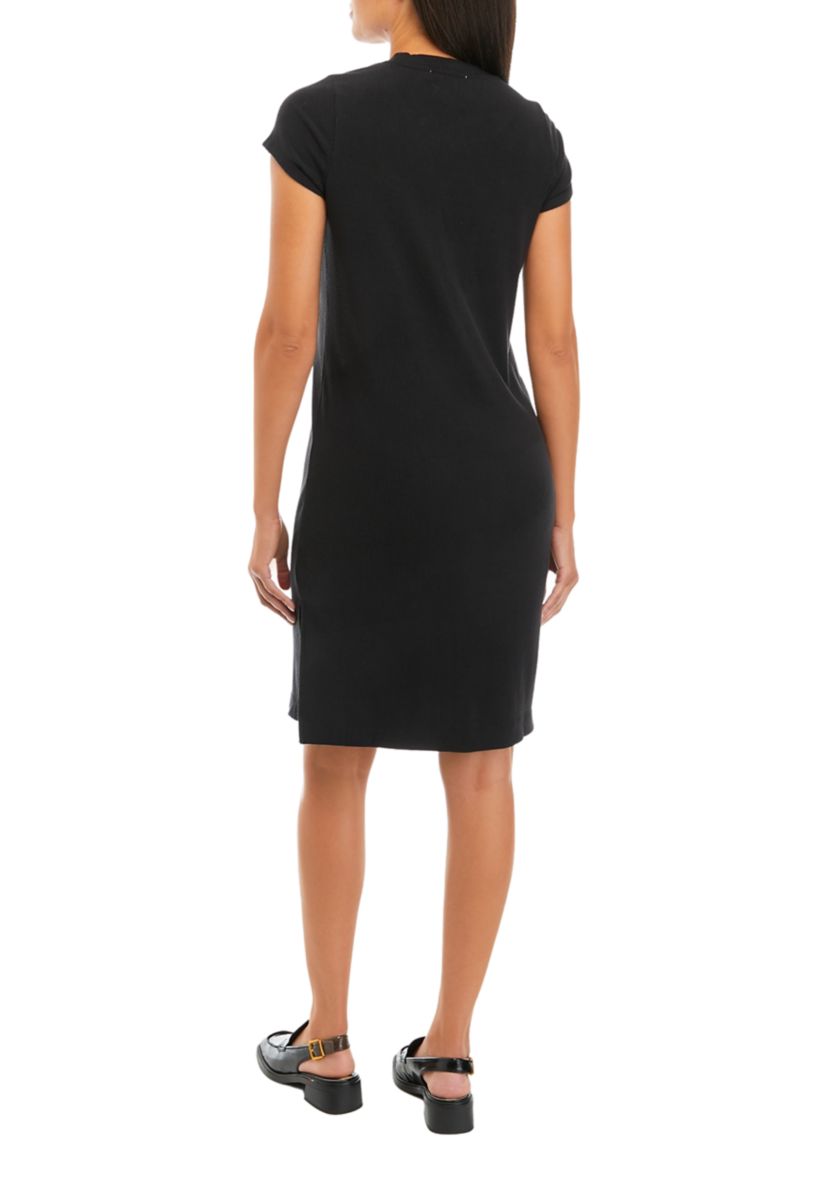 Womens Short Sleeve Side Slit A-Line Knit Dress