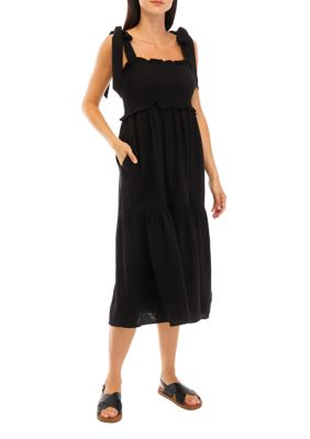 Women's Tie Shoulder Smocked Tiered Midi Dress