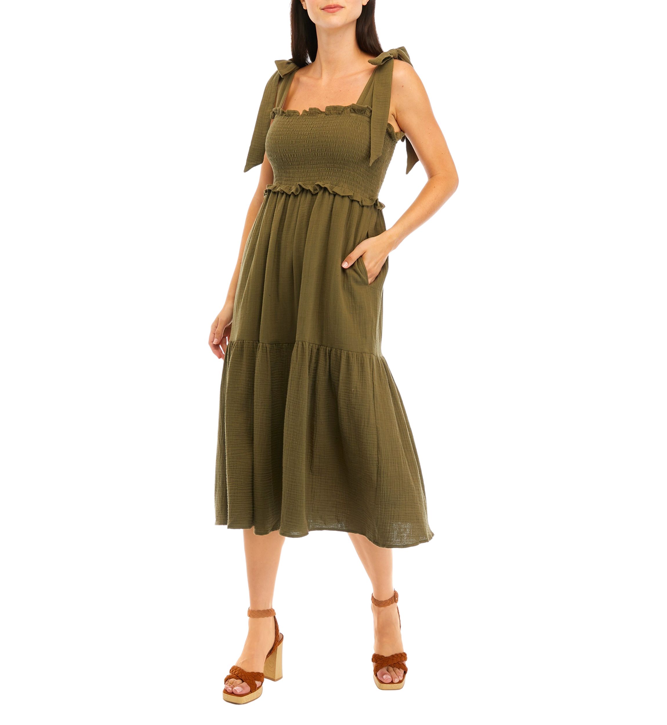 Womens Tie Shoulder Smocked Tiered Midi Dress