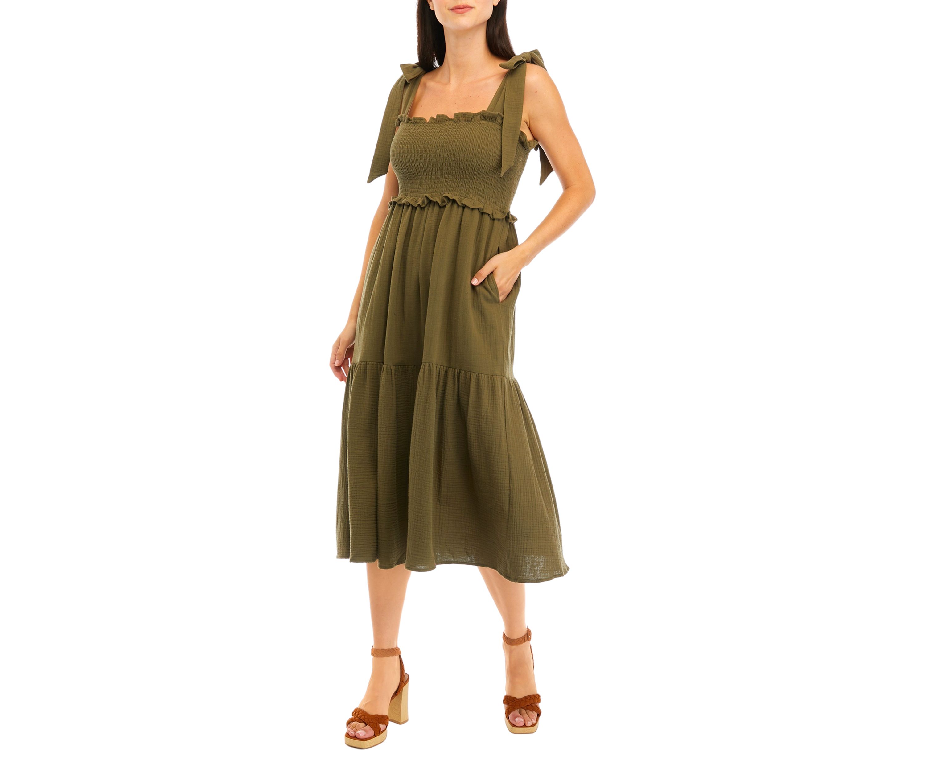 Womens Tie Shoulder Smocked Tiered Midi Dress