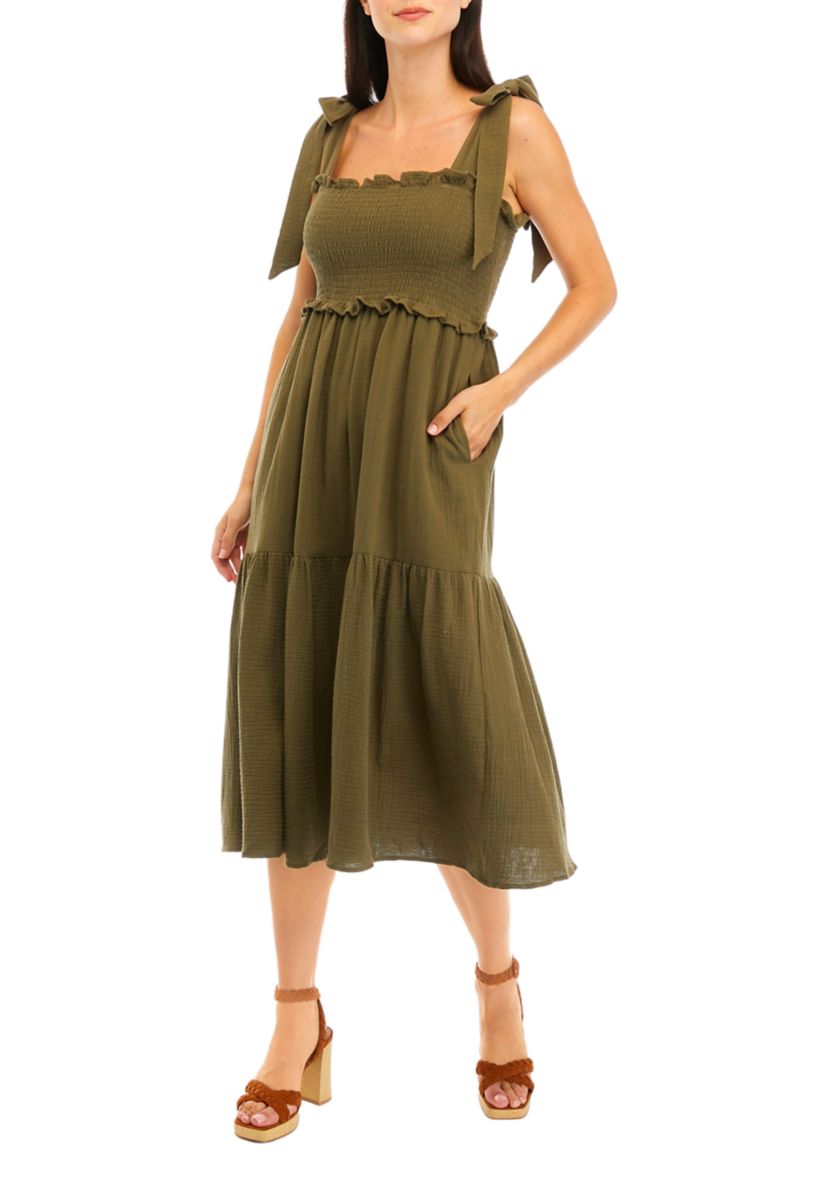 Womens Tie Shoulder Smocked Tiered Midi Dress