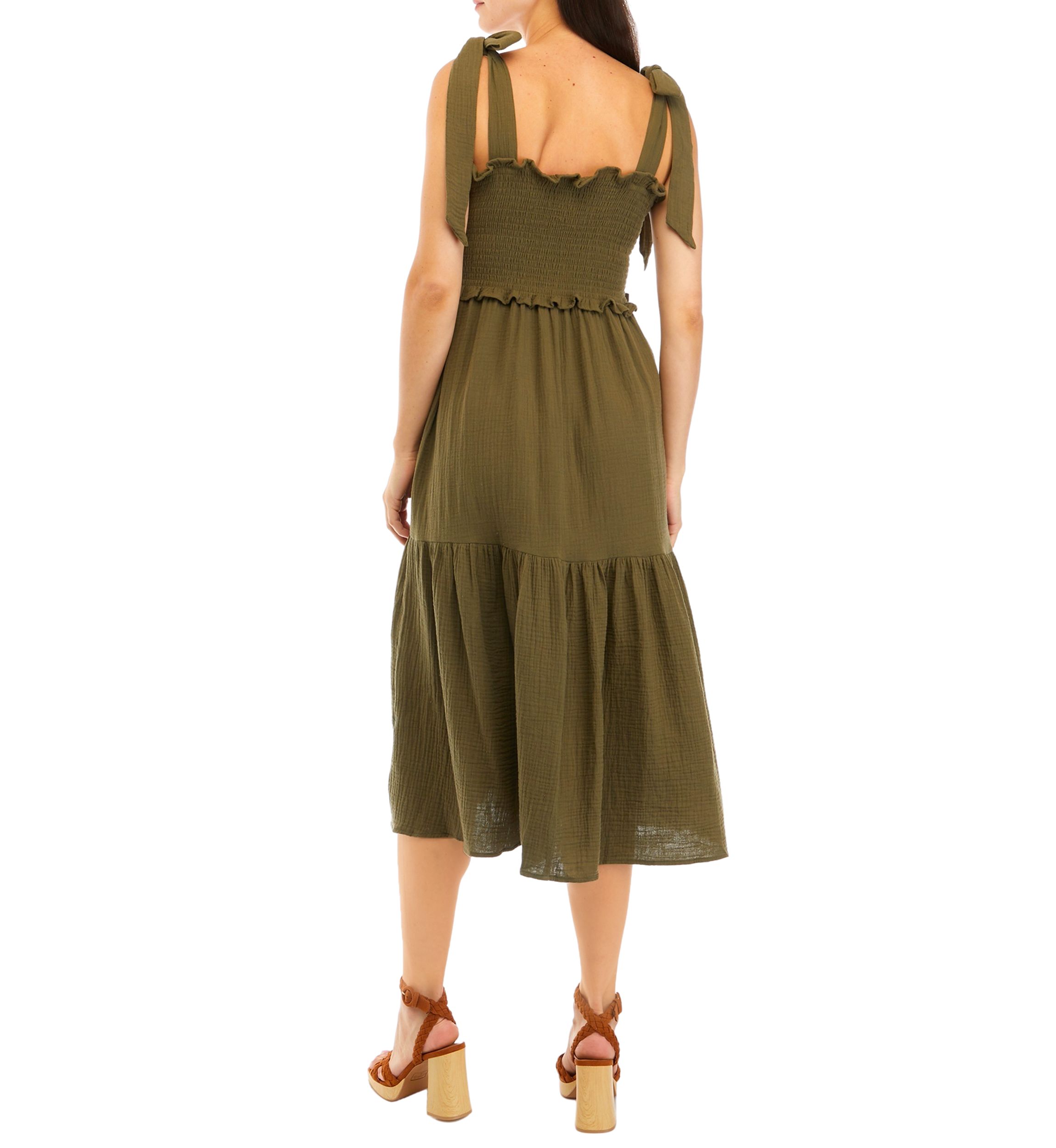 Womens Tie Shoulder Smocked Tiered Midi Dress