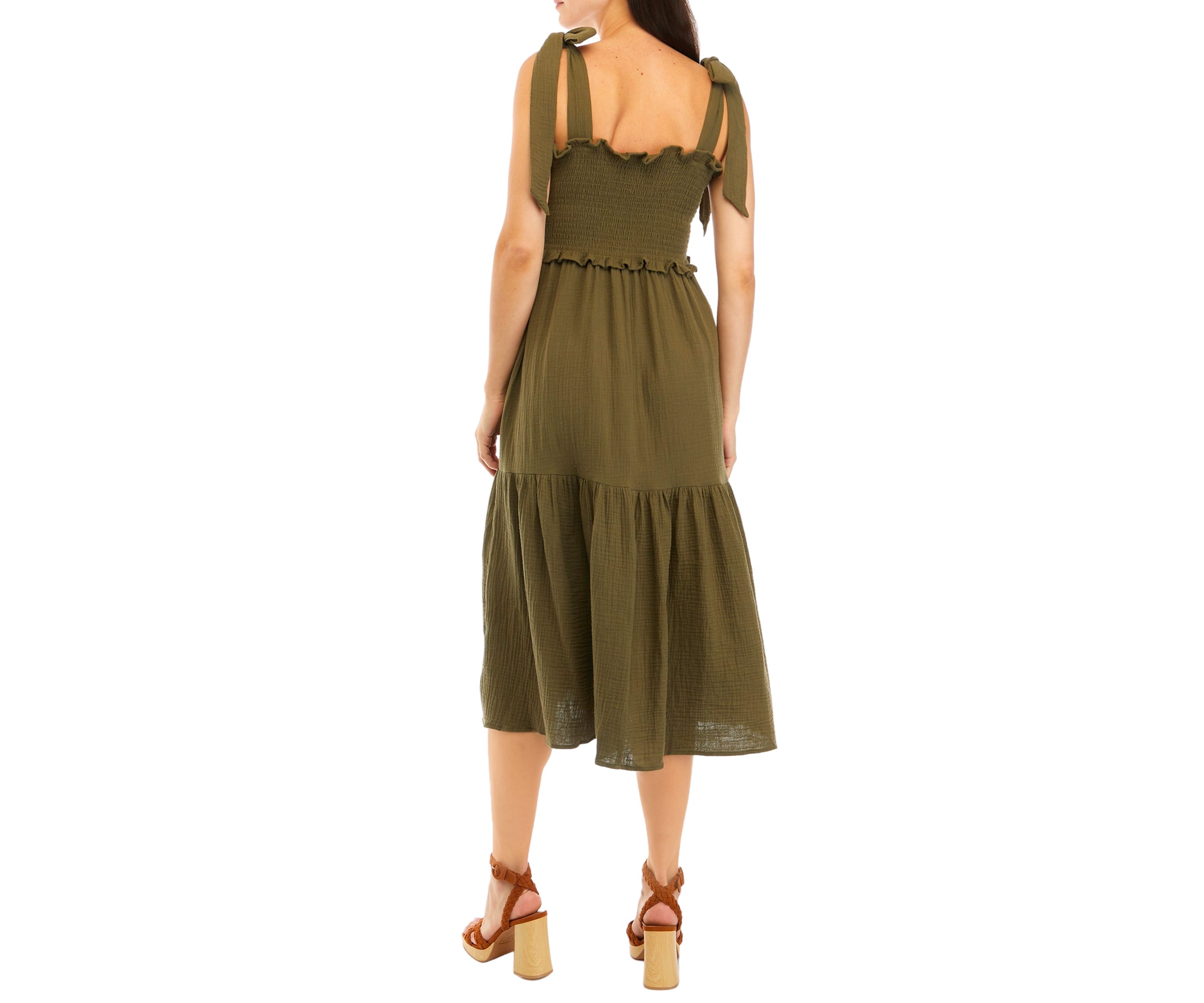 Womens Tie Shoulder Smocked Tiered Midi Dress