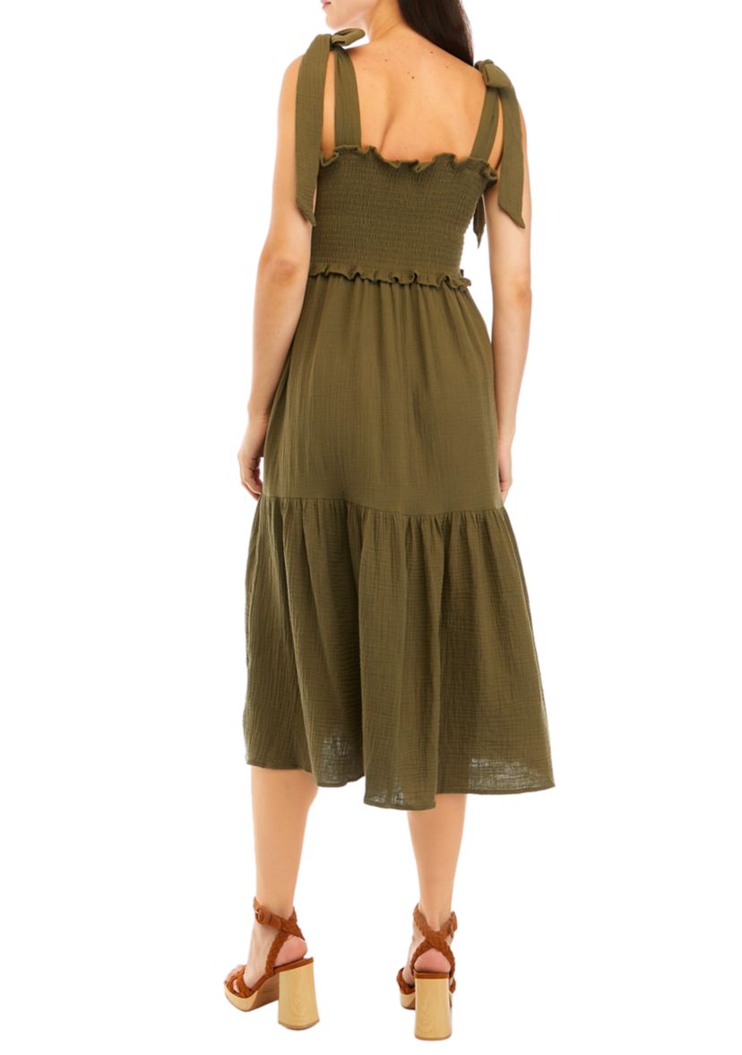 Womens Tie Shoulder Smocked Tiered Midi Dress