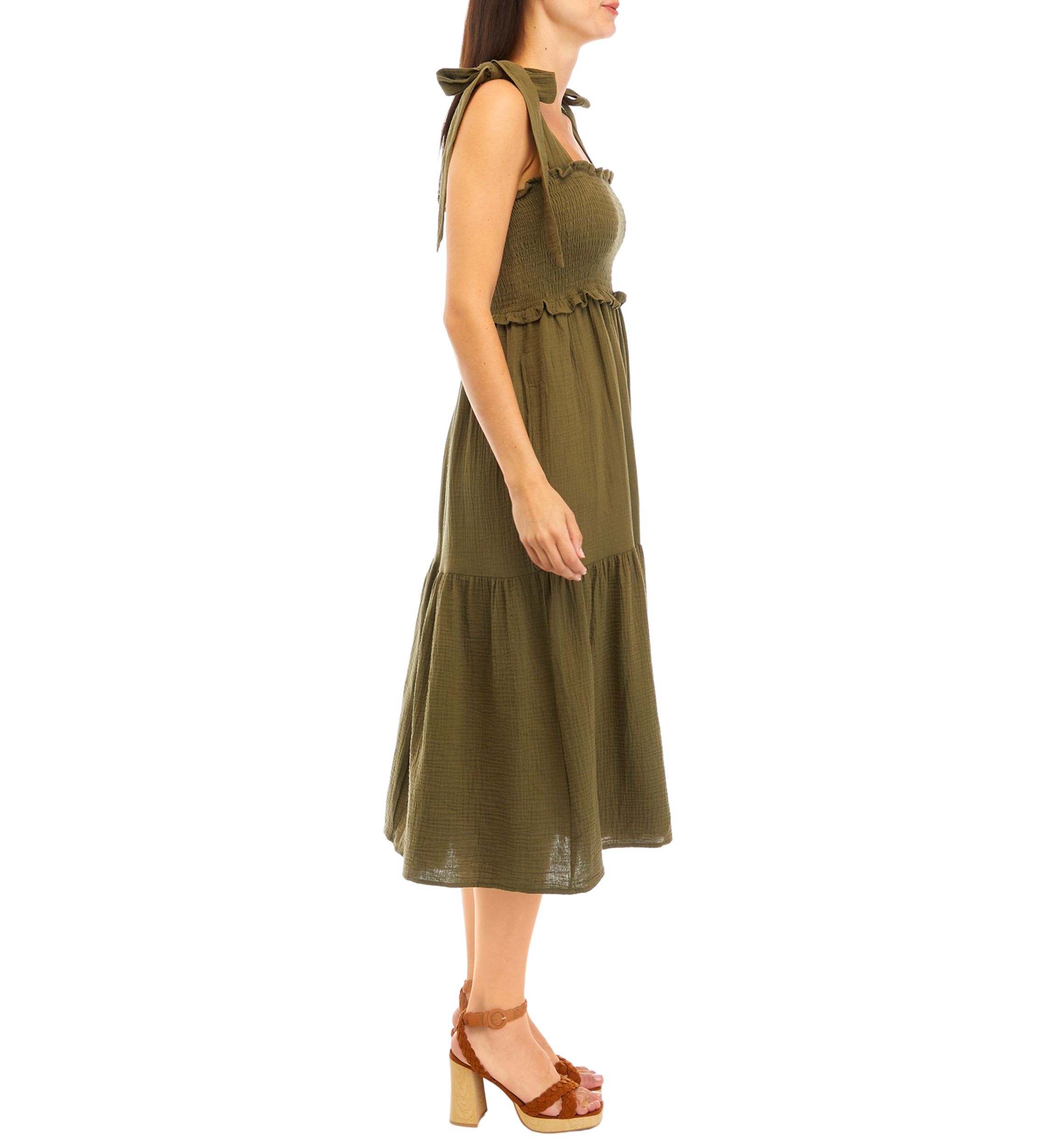 Womens Tie Shoulder Smocked Tiered Midi Dress