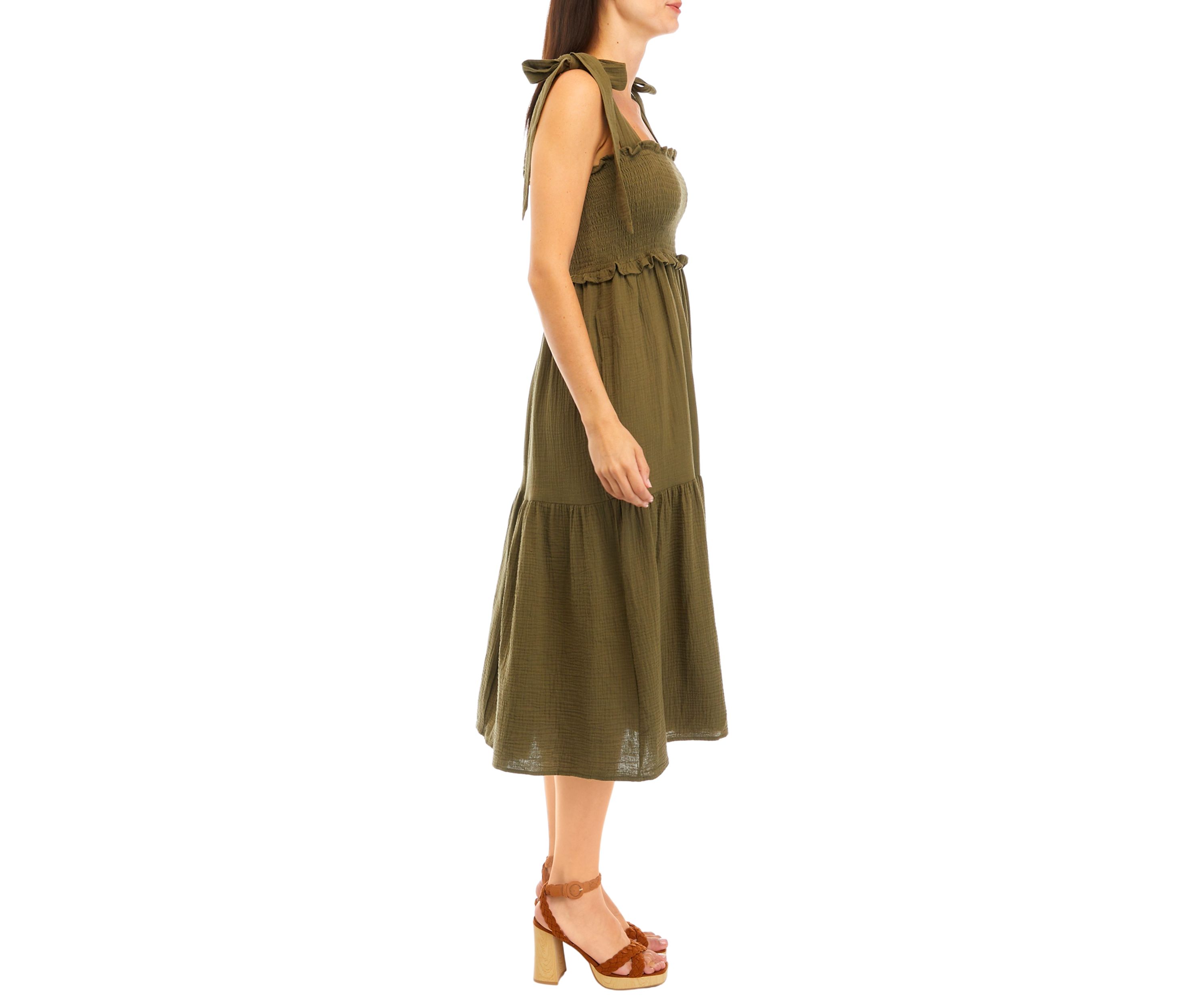Womens Tie Shoulder Smocked Tiered Midi Dress