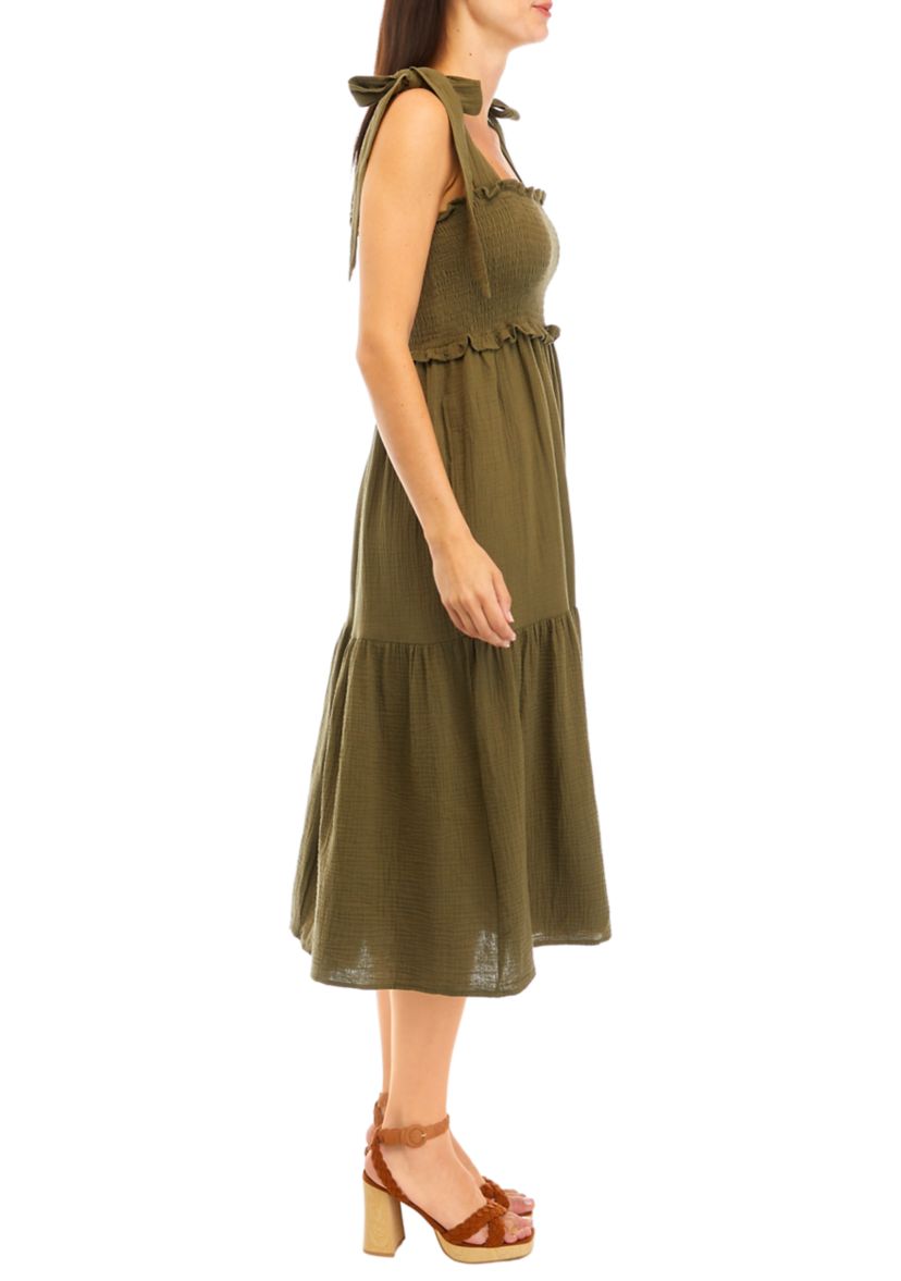 Womens Tie Shoulder Smocked Tiered Midi Dress