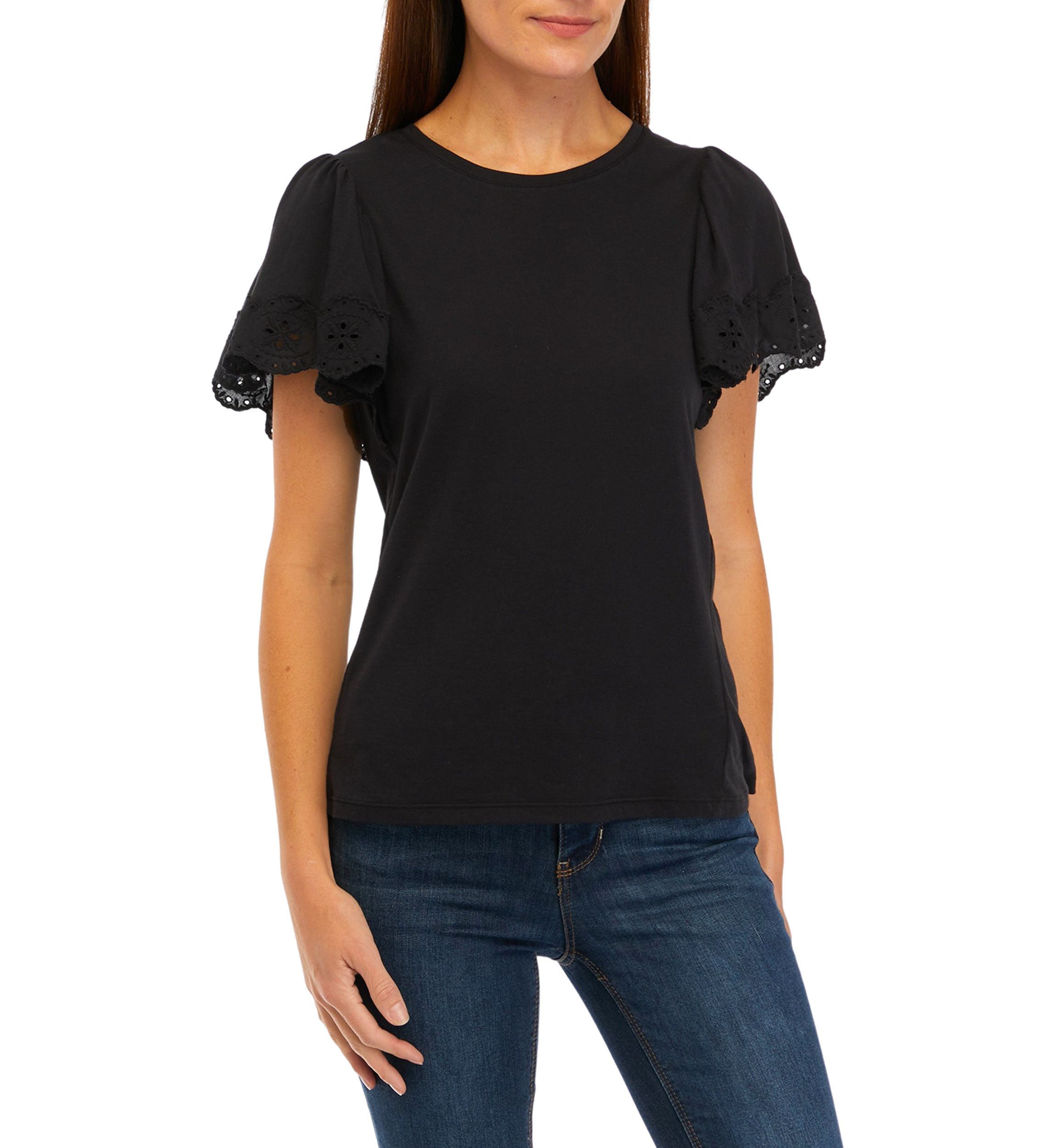 Womens Eyelet Ruffle Sleeve Knit Top