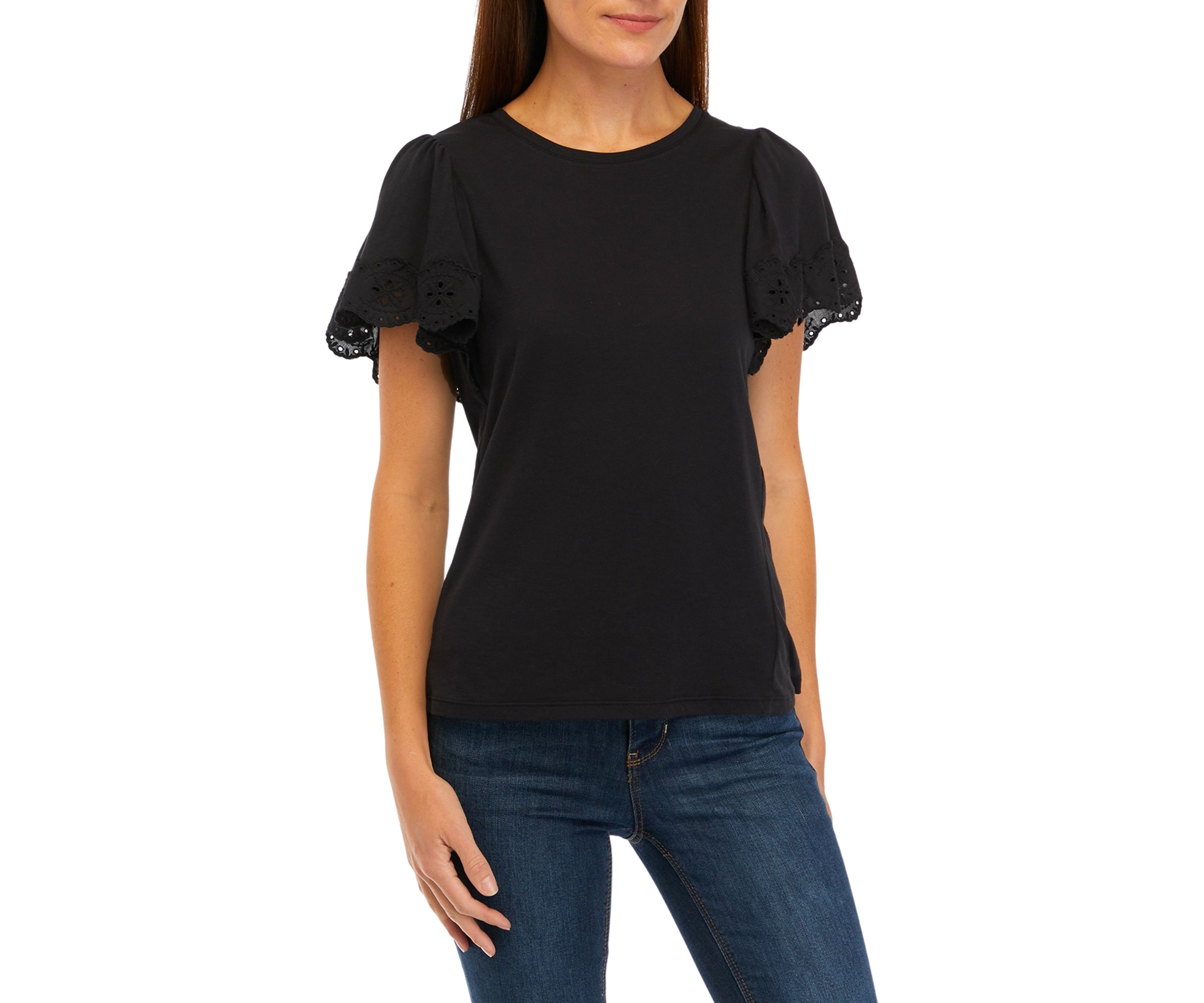 Womens Eyelet Ruffle Sleeve Knit Top