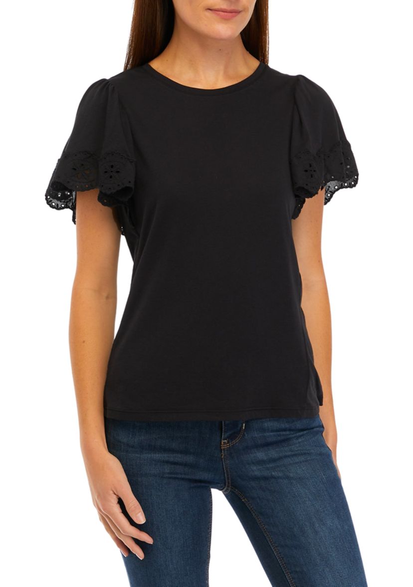 Womens Eyelet Ruffle Sleeve Knit Top
