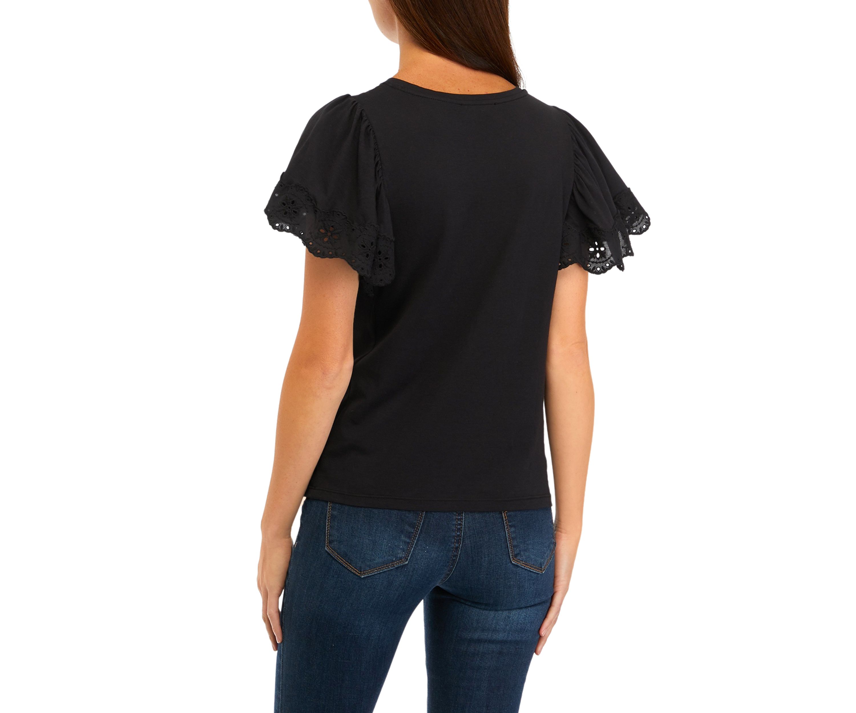 Womens Eyelet Ruffle Sleeve Knit Top