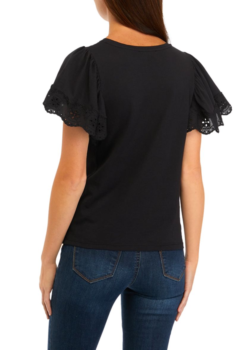 Womens Eyelet Ruffle Sleeve Knit Top
