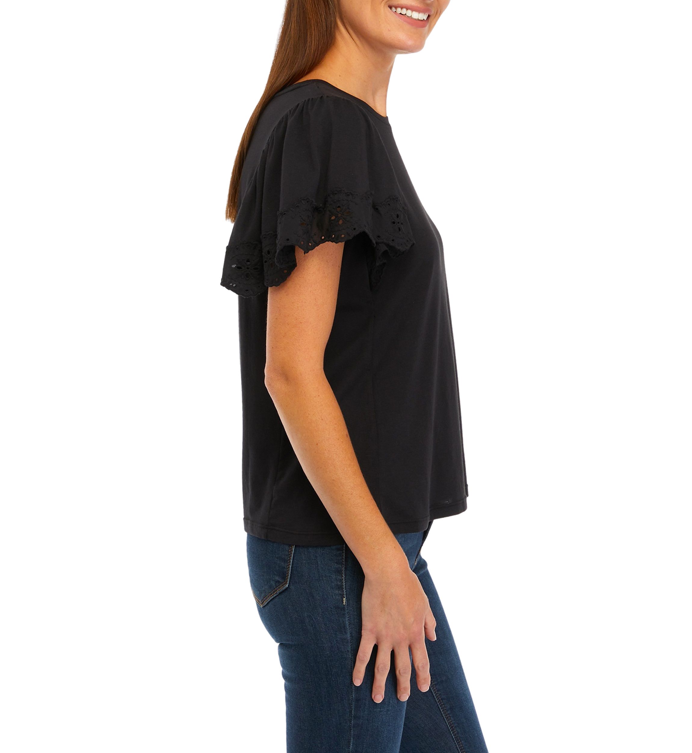 Womens Eyelet Ruffle Sleeve Knit Top