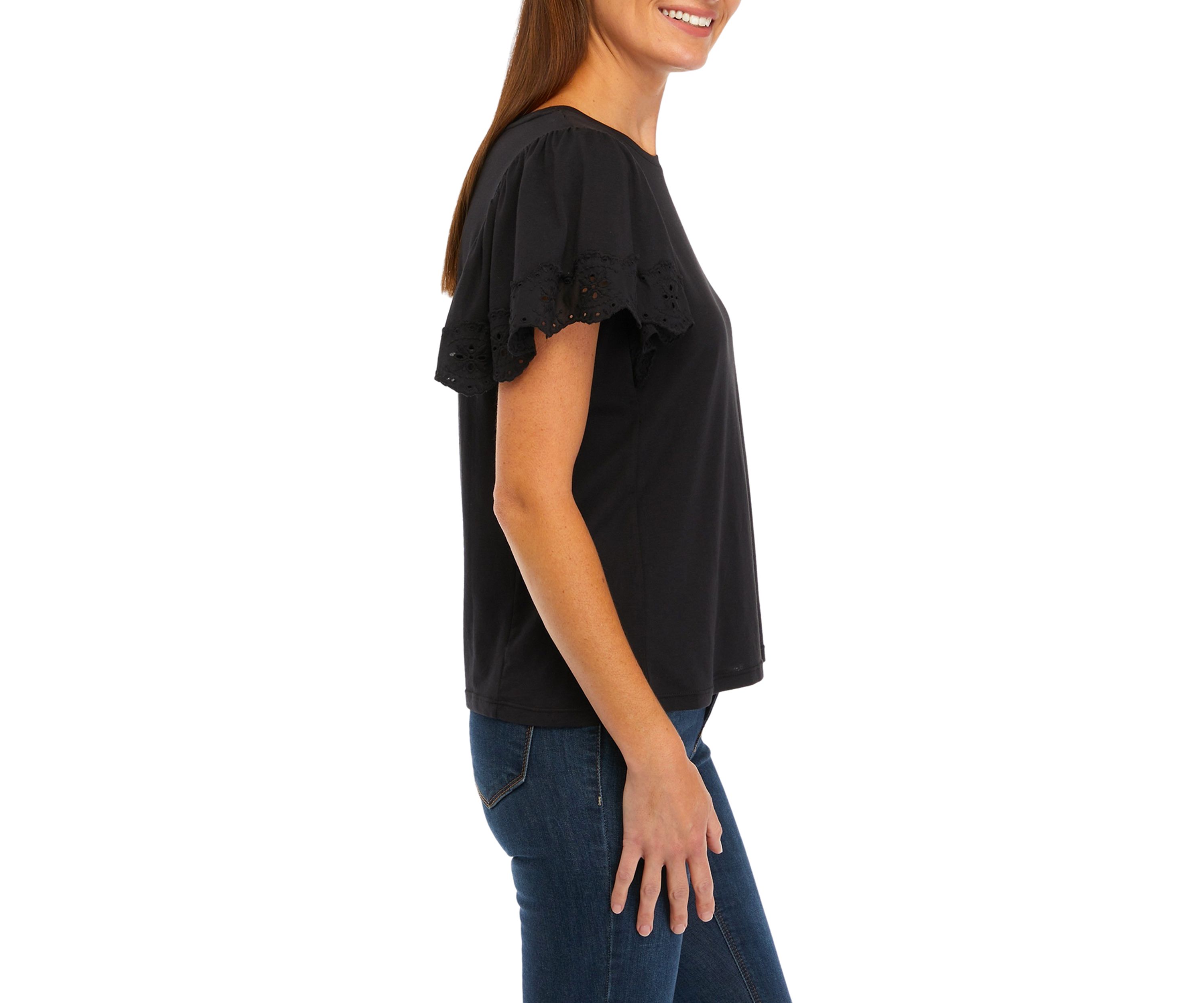Womens Eyelet Ruffle Sleeve Knit Top