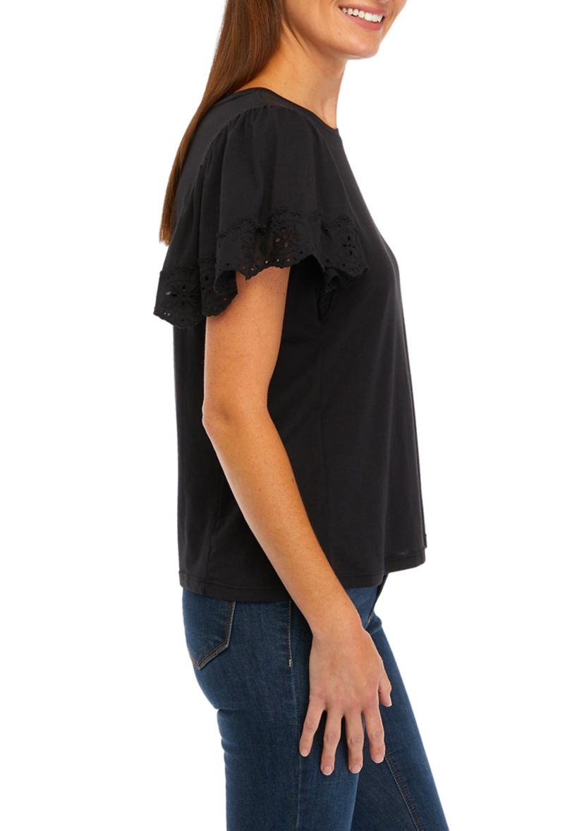 Womens Eyelet Ruffle Sleeve Knit Top