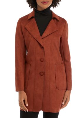 Women's Notch Collar 3 Button Faux Suede Trench Coat